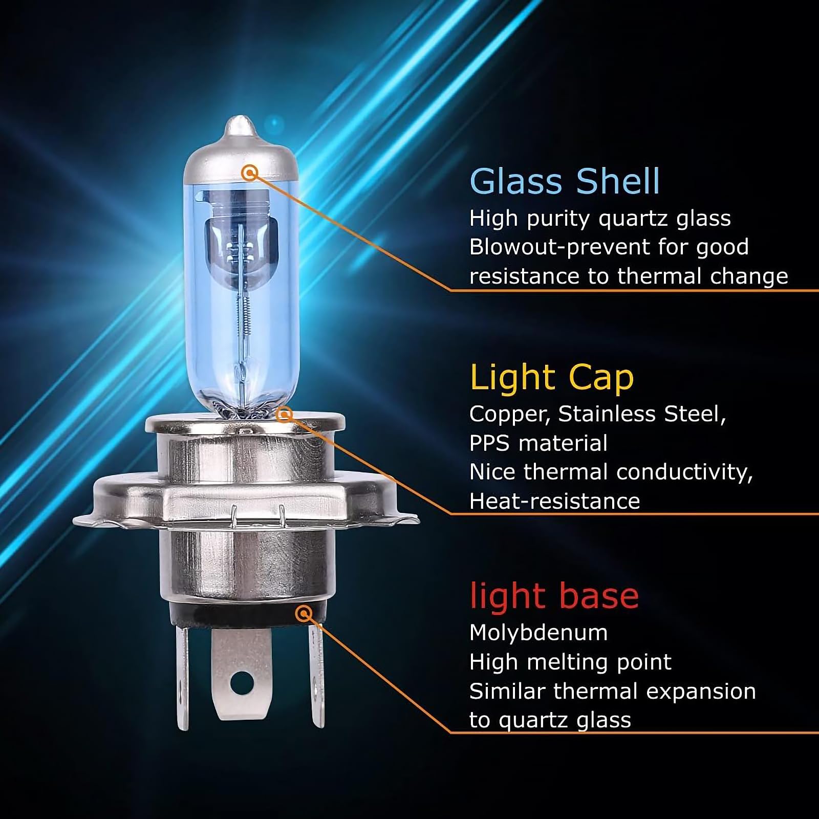 Sinoparcel H4/9003 Halógenas Bombillas - Haz Baja y Alta para Faros Delanteros Estándar de 12V 55/60W - 150% Más de Brillo, Luces de Reemplazo - Paquede de 2
