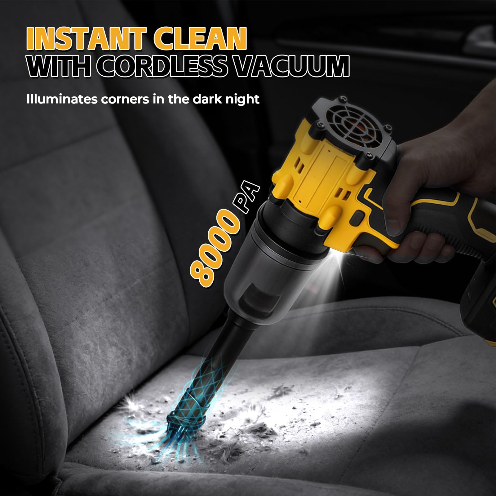 Spolverino senza fili per Dewalt 18/20 V, 2 in 1, aspiratore portatile senza spazzole, 85000 giri/min, con velocità regolabile e 5 ugelli, per auto, casa, ufficio, cucina (senza batteria) (giallo, per