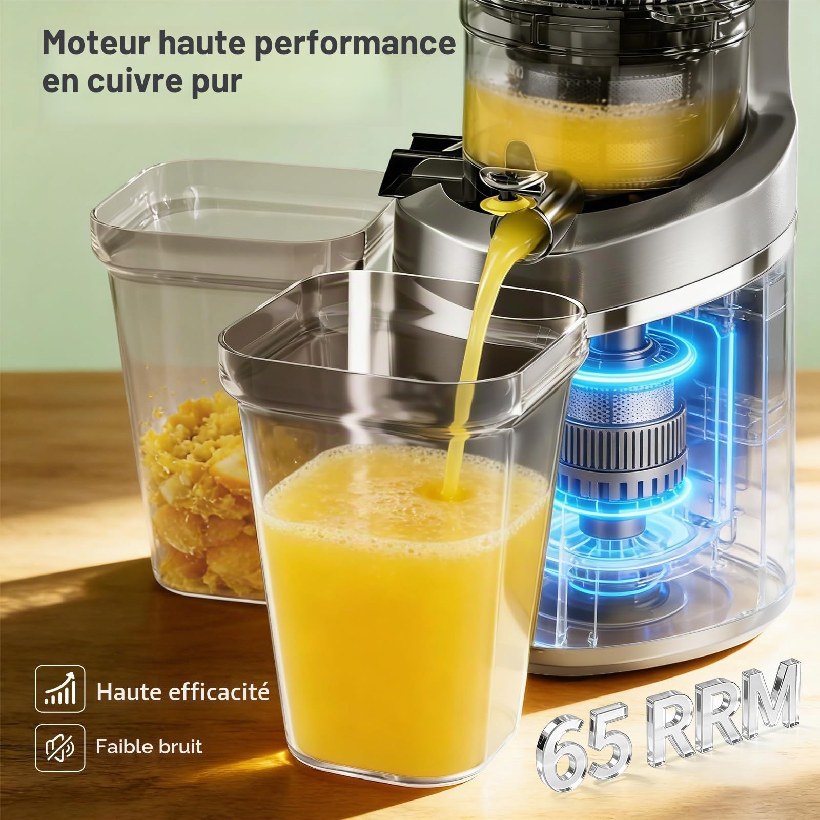Extracteur de jus 250W 2,3 L à pression à froid, pour fruits et légumes entiers, 65 tr/min, avec goulotte d'alimentation de 12 cm, Extracteur de jus de fruits et légumes