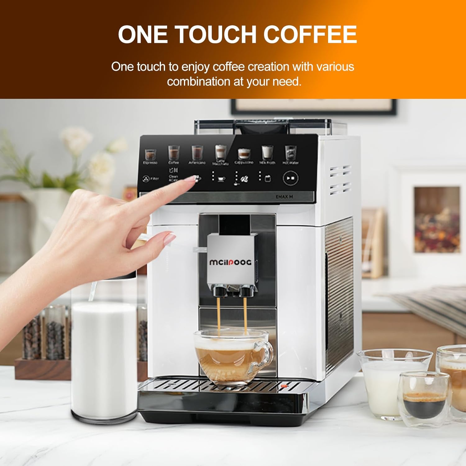 Hand pressing a button on the Mcilpoog M3 for one-touch coffee creation