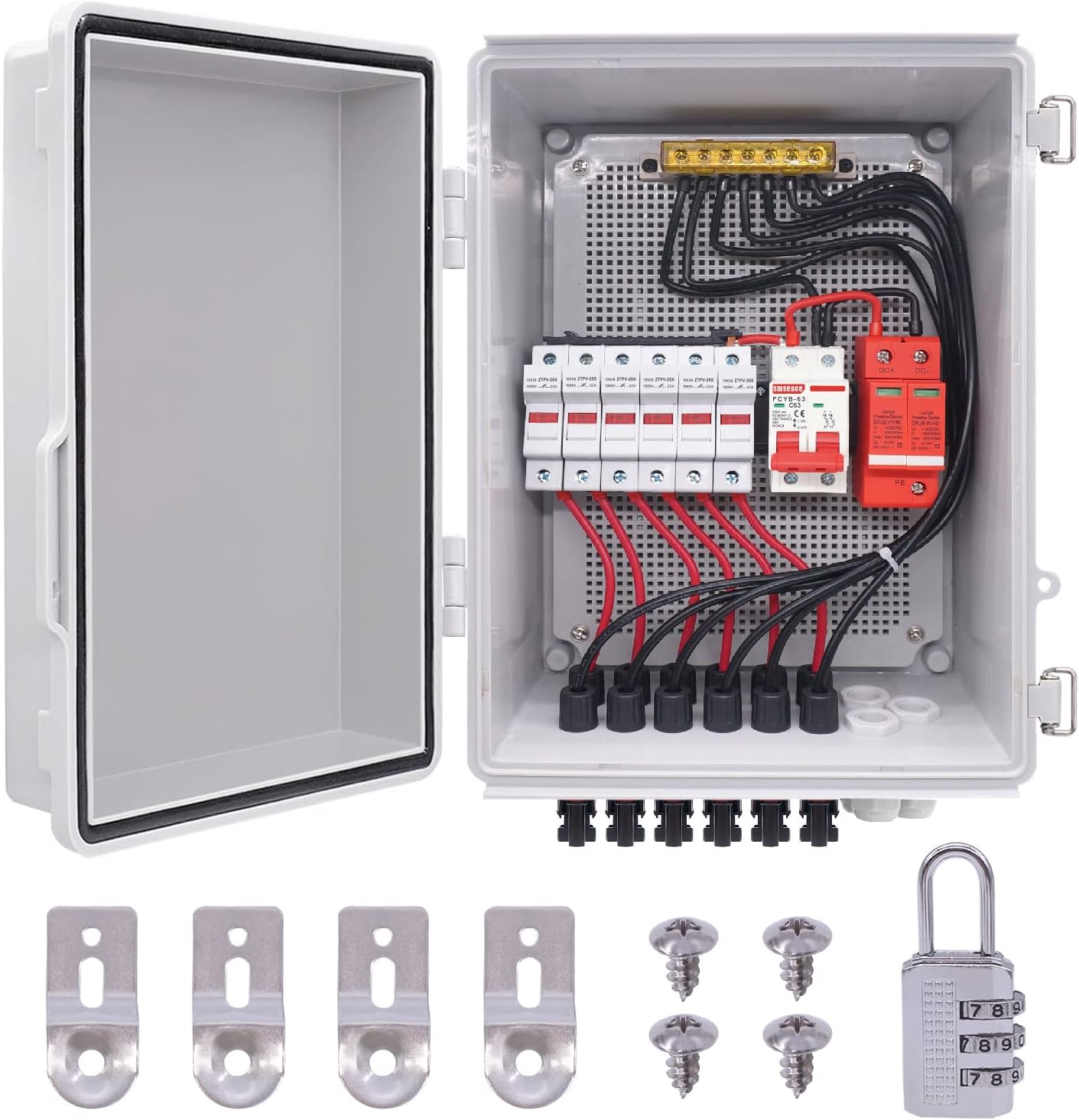 mankk 6 String PV Combiner Box IP65 Waterproof Solar Combiner Box with Lightning Arreste Solar Connector 63A Circuit Breaker and 15A Rated Current Fuse for On/Off Grid Solar Panel System PV-BOX-6X