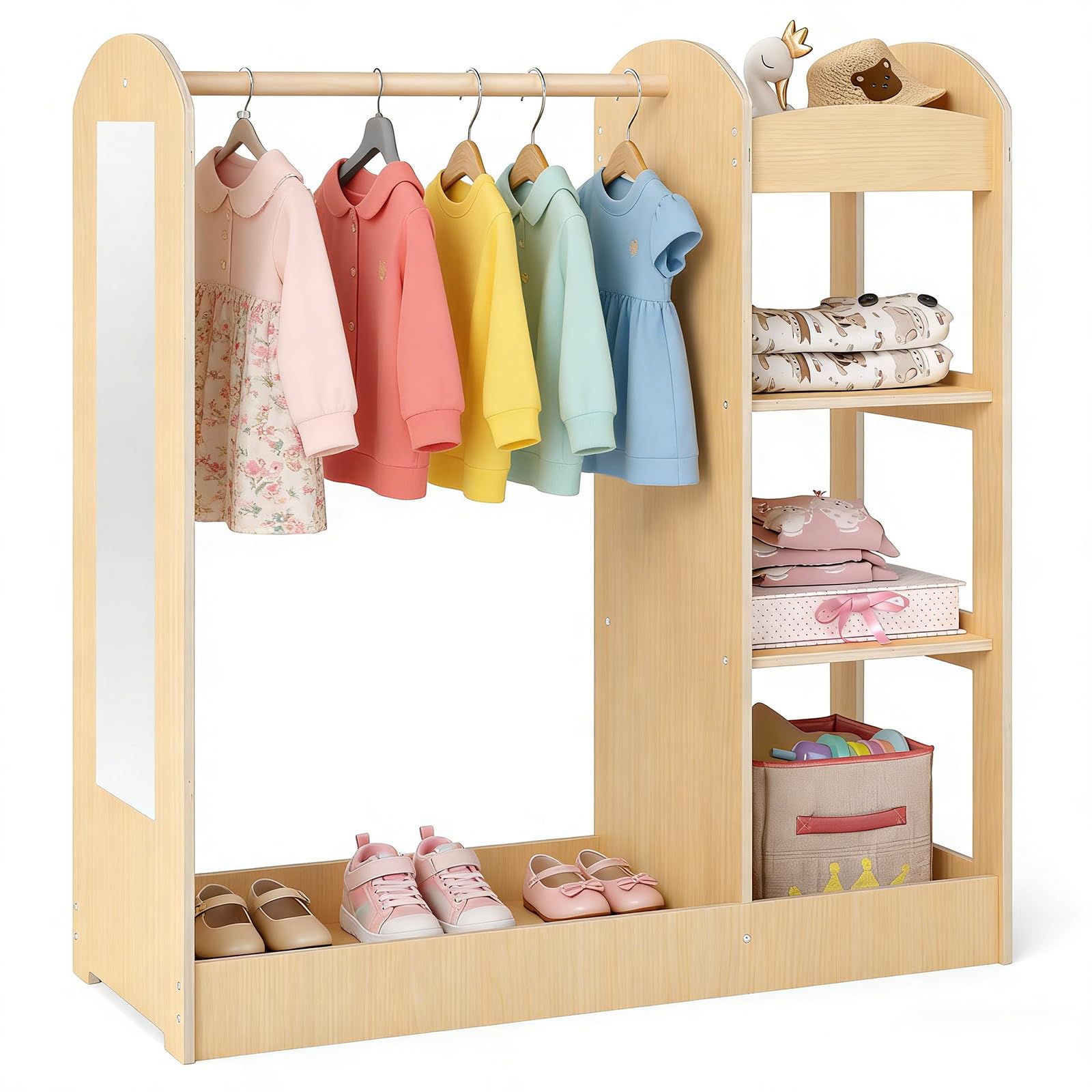 DREAMADE Portant Enfant avec Miroir et Étagère Penderie Fille 2+ Ans en Bois avec Tringle à Vêtements Garde-Robe Tout-Petits Jolie & Robuste & Stable (Naturel)