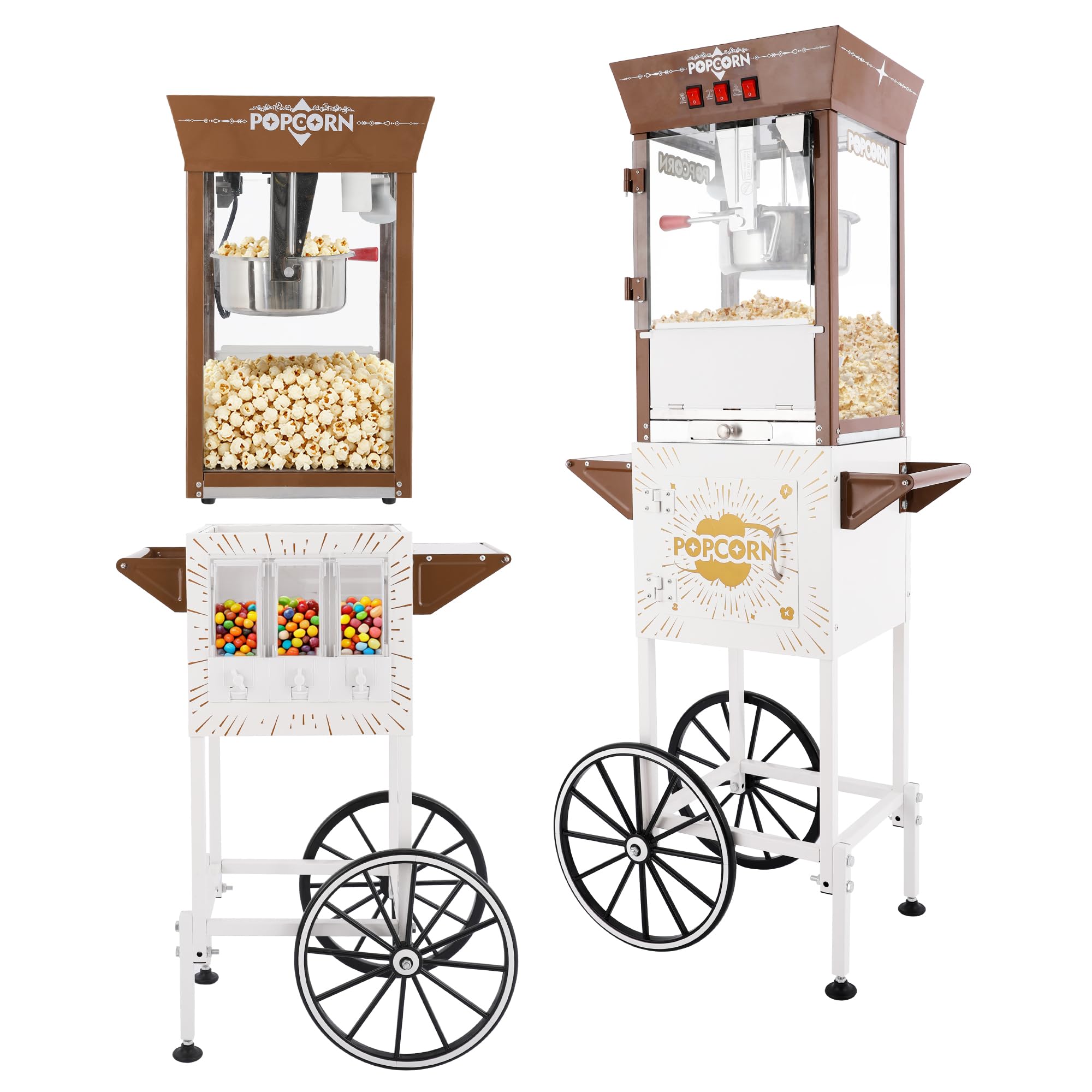 12 Oz Popcorn Machine Cart with Candy Dispenser (Brown + Antique White) - Large Vintage Popcorn Maker - 3 Easy Switches popper with Storage 3 Spoons for Commercial Home Use