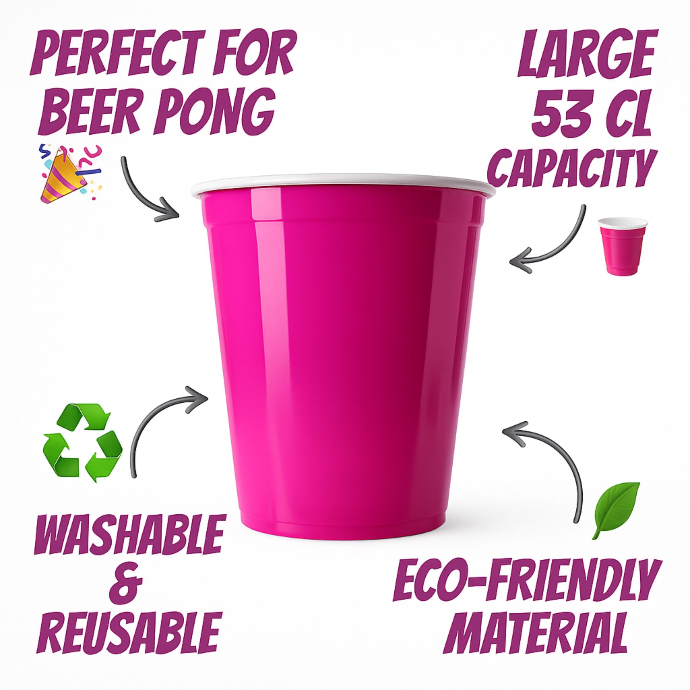 Tickles Pack of 20, Beer Pong Glasses with Free Ping Pong Balls Set, Easy Grip Reusable Drinking Party Cups for Iced Tea, Punch, Cocktail, Couple, Ladies Games (Color: Dark Pink Size: 475 ml) 1