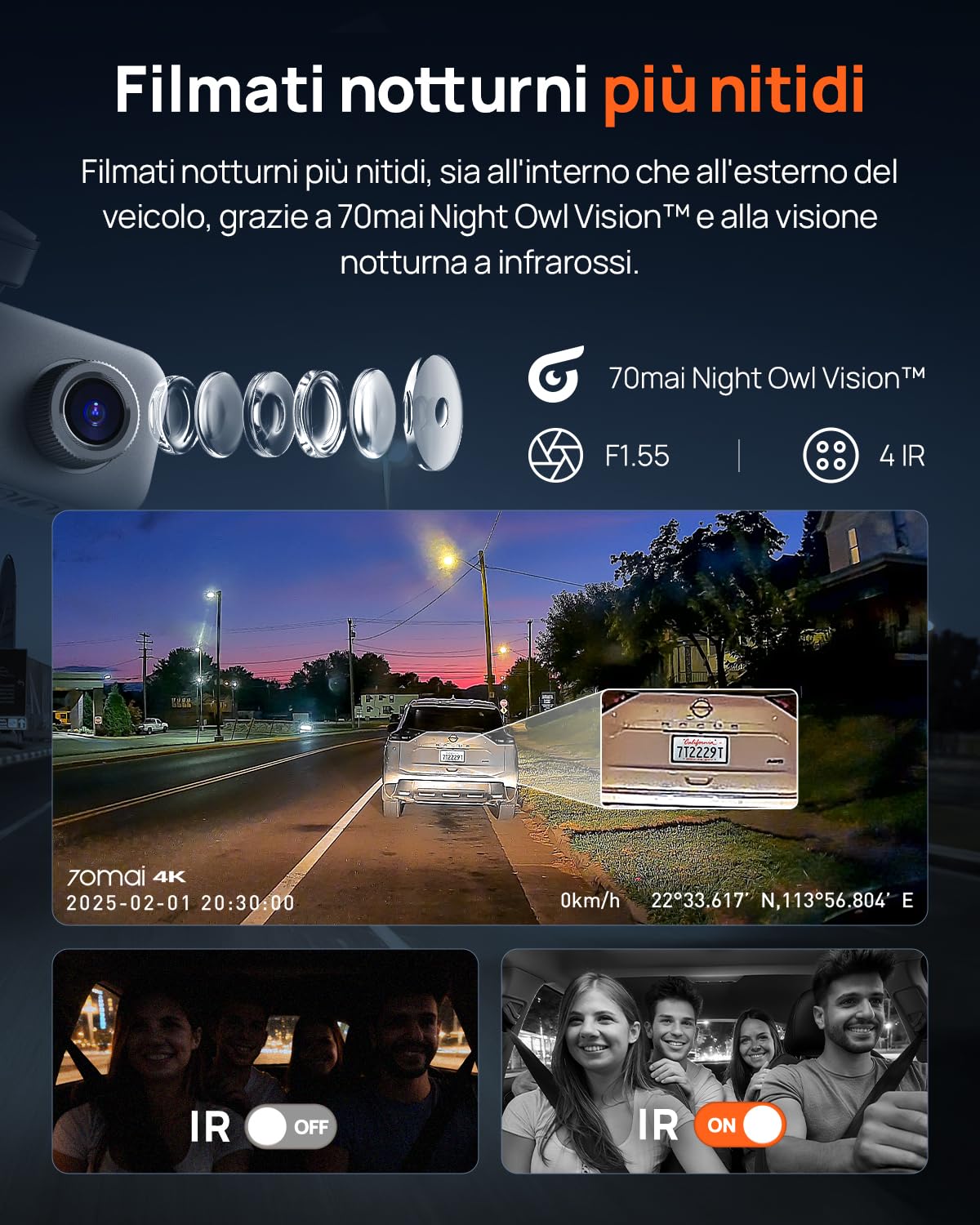70mai Dash Cam Auto 4K 3 Canali T800E · Telecamera Tripla 4K+1080P+1080P — immagine 4 di 15