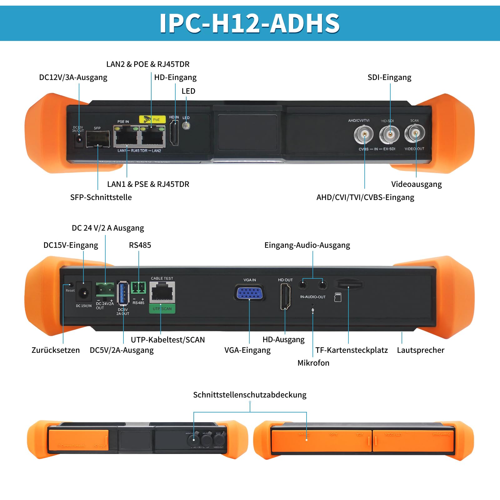 Henkion IPC CCTV Tester H12-ADHS Mit 8 Zoll IPS Touchscreen Monitor, CCTV-Kameratester Unterstützt 8K 32MP IP Und 4K 8MP TVI CVI AHD SDI-Kameratests, Kabeltester SFP POE HDMI/VGA WiFi RS485
