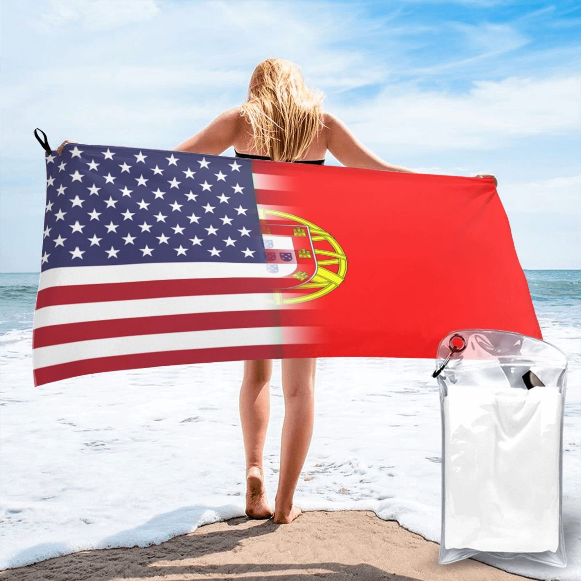 Lsjuee American Flag and Portuguese Flag Microfiber Beach Towel-Quick Dry Oversized Towels Blanket for Travel Pool Camping