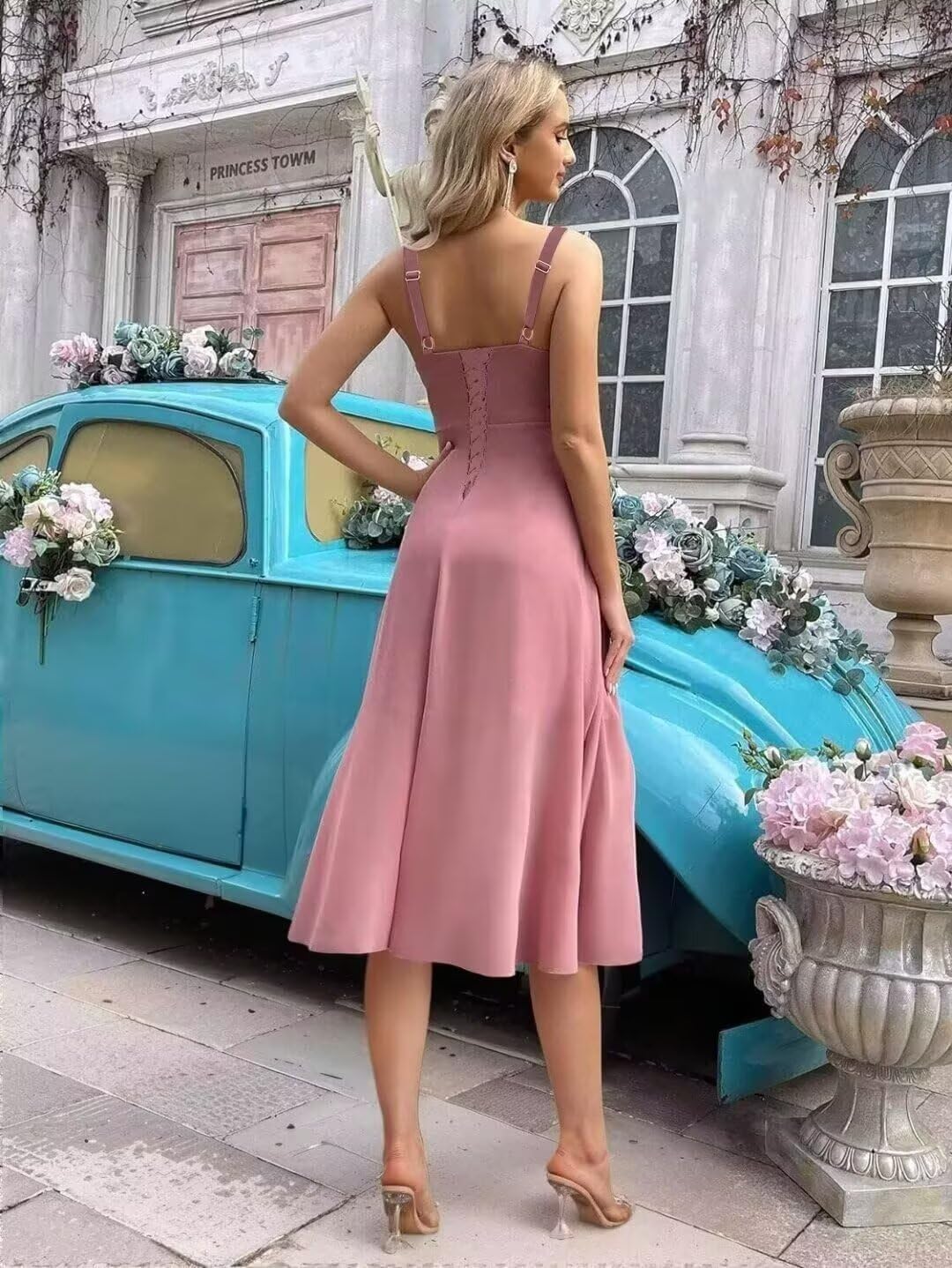 Short Bridesmaid Dresses for Women Spaghetti Straps Cowl Neck Formal Dress for Wedding Guest with Slit