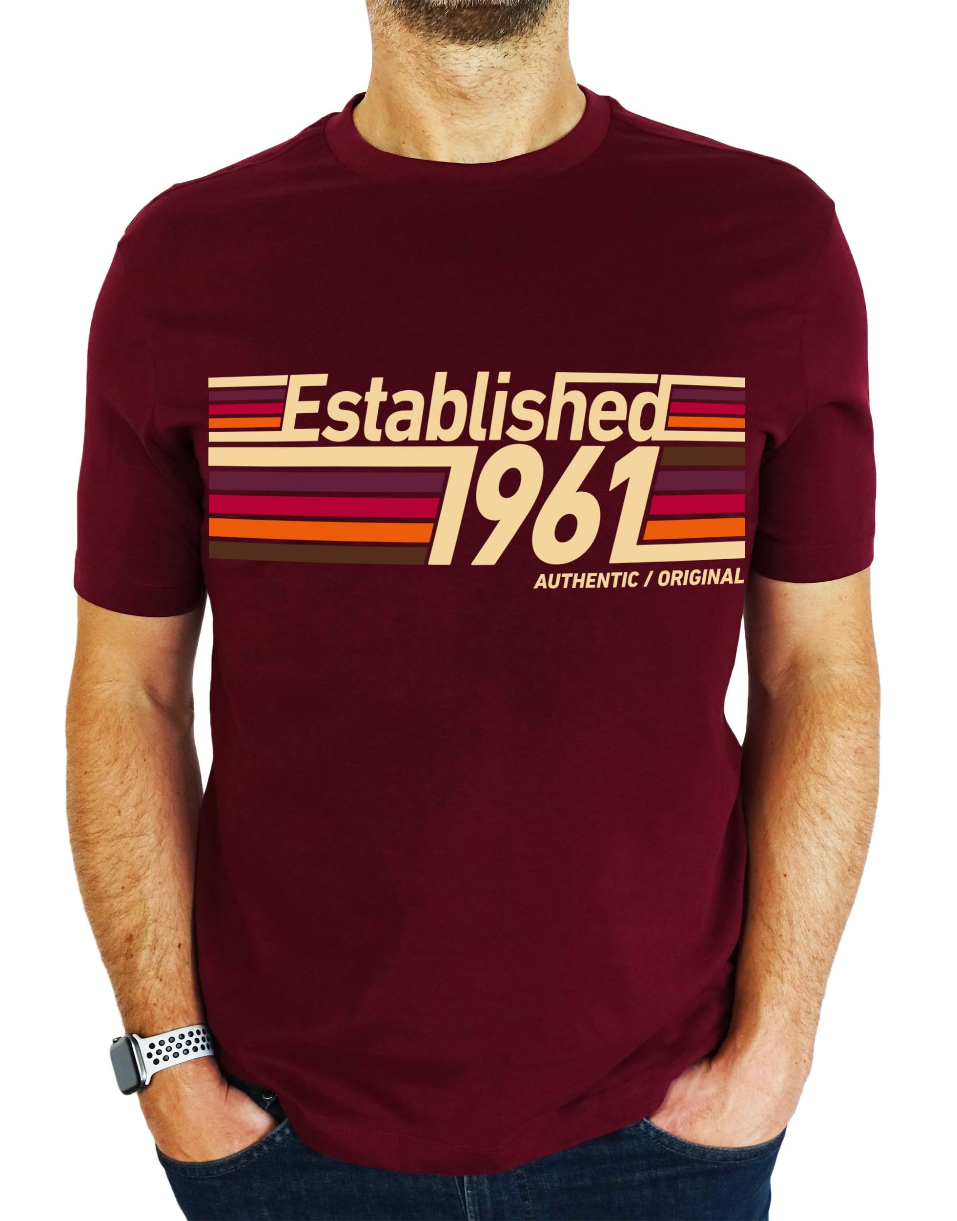 My Generation Gifts Men's Burgundy 1961 Established Retro Stripes - 65Th Birthday Gift | Present T-Shirt M