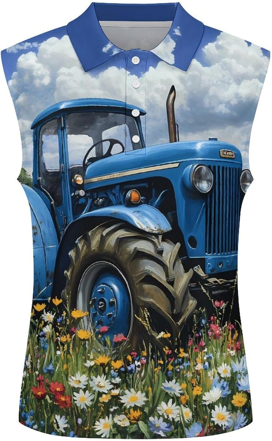 Blue Tractor Farm Flower Womens Golf Shirts Print Polo Shirt Sleeveless Tank Top Casual Work Blouses