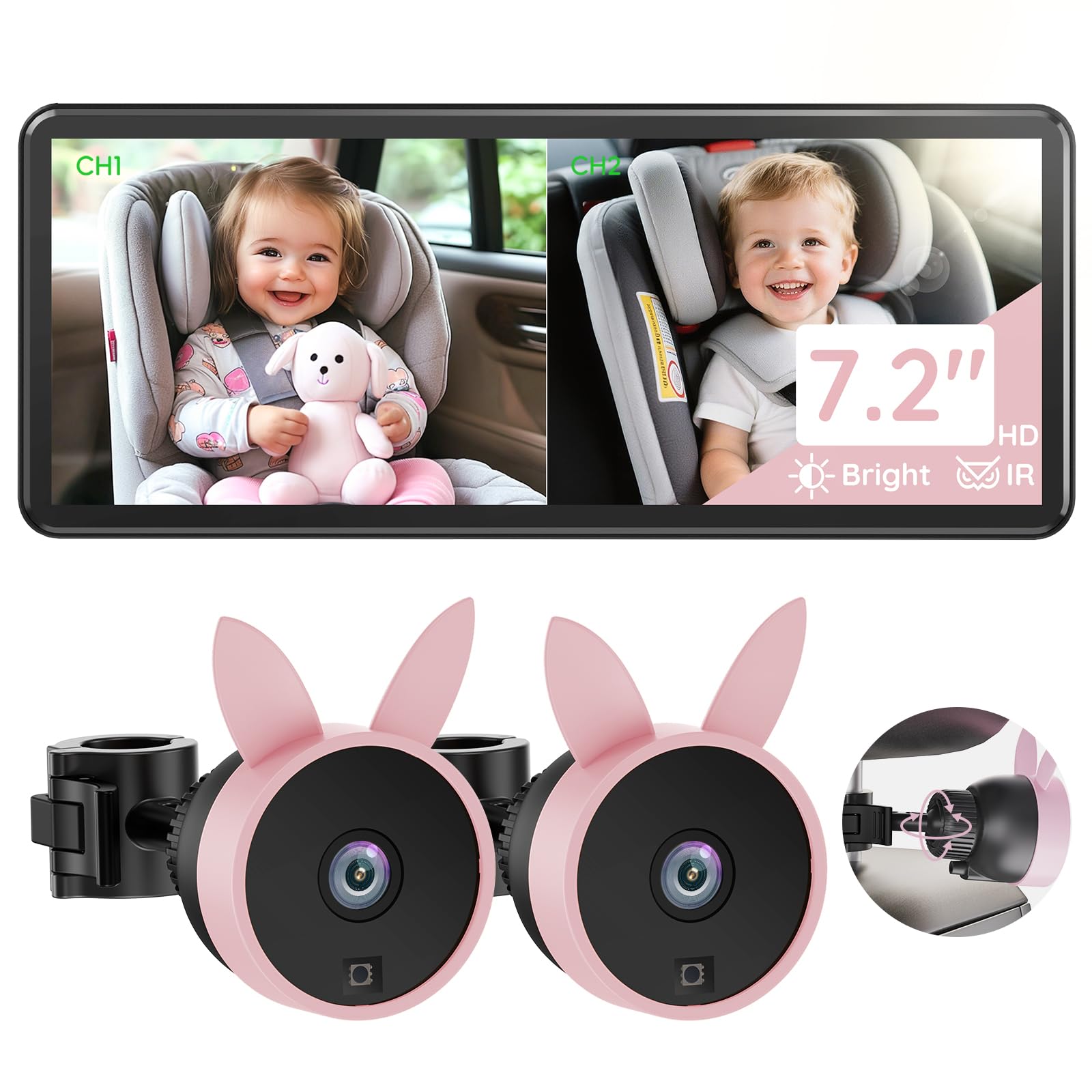 Babyvue BV3PRO 7.2" 1080P HD Dual Camera Car Baby Monitor for 2 Kids, IR Night Vision, Easy Installation, Brightness Adjustment, Car Seat Camera,
