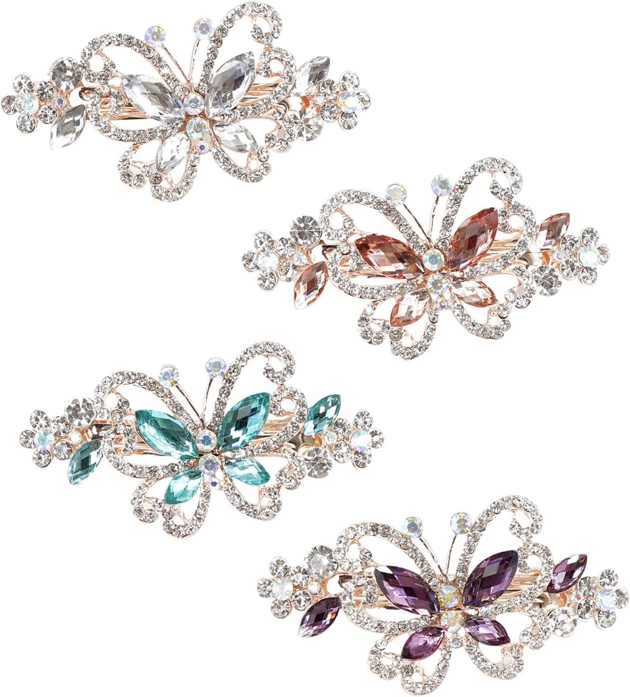 inSowni 4 Pack Luxury Glitter Sparkly Jeweled Gems Crystal Rhinestone Butterfly Metal French Barrettes Alligator Snap Hair Clips Pins Headpieces Hair Accessories for Women Girls