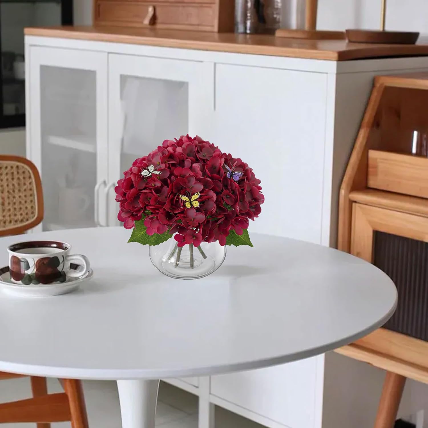Leftover Red Hydrangea Artificial Flowers with Vase and Butterfly,Real Touch Fake Flowers,Red Rrtificial Flowers for Valentine's Day Decoration,Home Decor,Wedding Decor,Coffee Table Decor