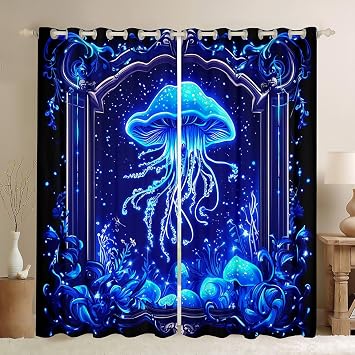 Feelyou Jellyfish Curtains 2 Panels, 52 x 96 Inch Kids Ocean Darkening Drapes Boys Girls Teens Sea Creature Underwater World Blackout Curtain Marine Life Sealife Window Treatments Aquatic Animal