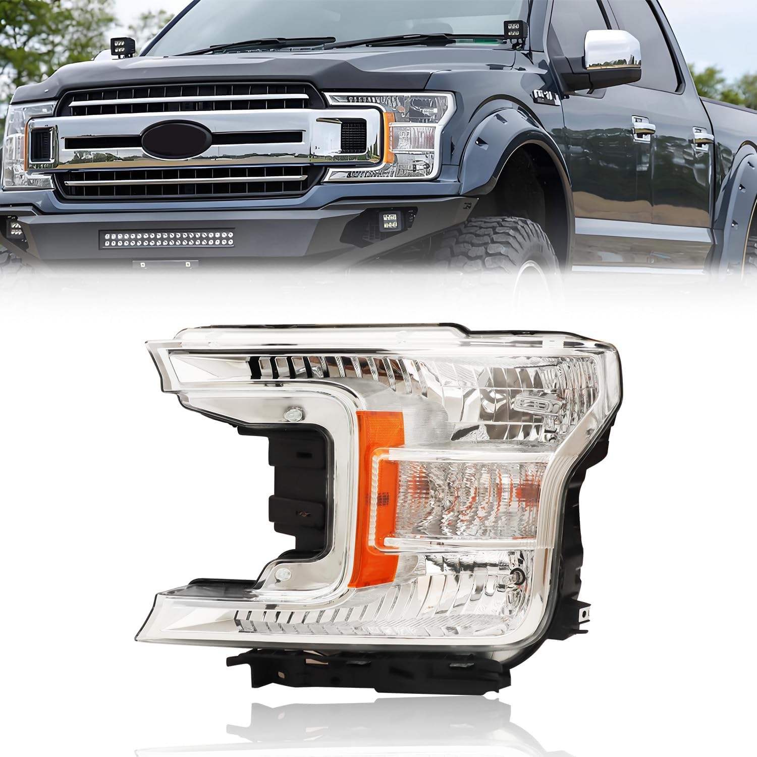 Headlight Assembly Compatible with F150 2018 2019 2020, [Bulbs Included] Left/Driver Side, [Halogen Type] Headlamp Replacement with Clear Lens, OE Style