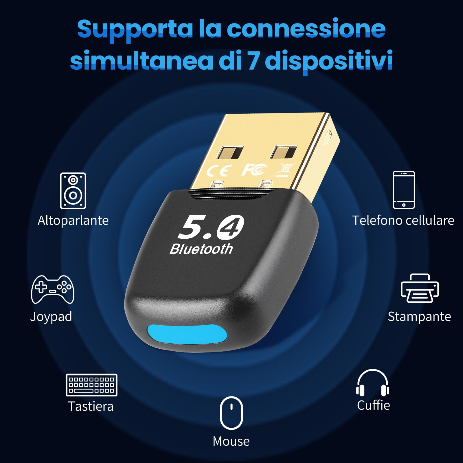 Adattatore Bluetooth 5.4 USB per PC, ricevitore Bluetooth Dongle a bassa latenza, Plug & Play, compatibile con Windows 7/8.1/10/11, computer desktop e laptop, mouse, tastiera, cuffie