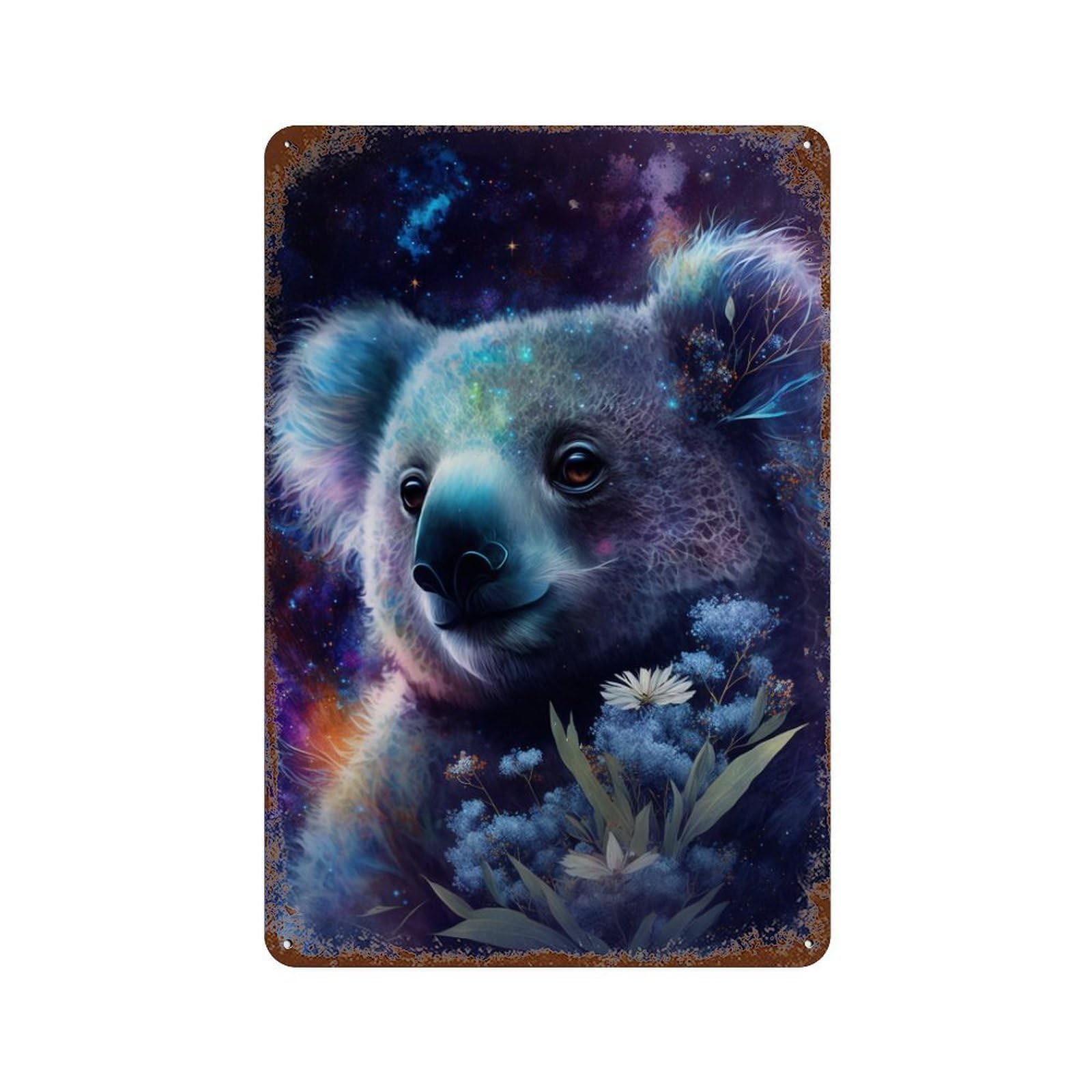 Cosmic Koala with Flowers Aged Metal Wall Plaque 11.8"x7.9", for Office, Studio And Wall Decor, Novelty Wall Decor