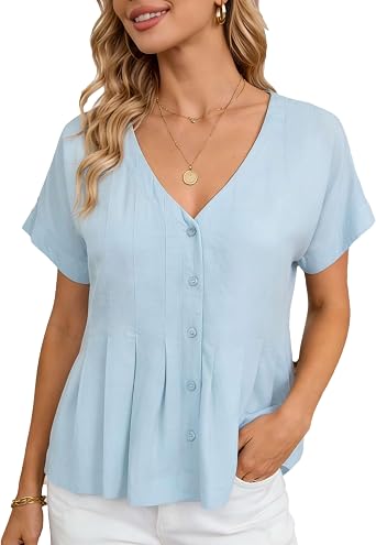 Womens Summer V Neck Linen Short Sleeve Button Down Pleated Blouse Loose Fit Casual Shirt for Office Vacation