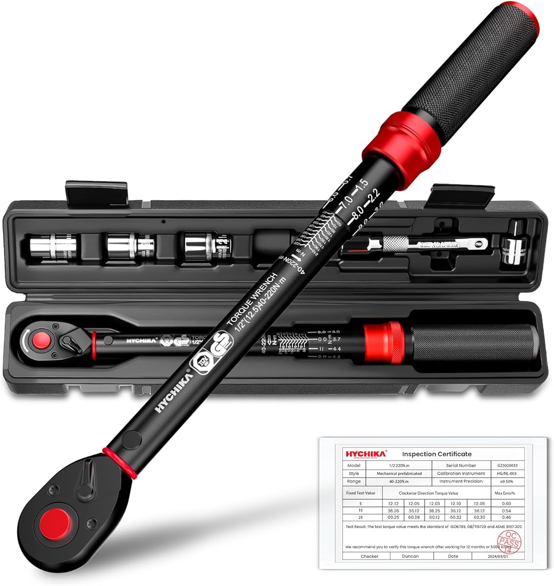 HYCHIKA 1/2" Drive Click Torque Wrench 40-220 Nm, ±2% Accuracy, Dual-Direction 72-Tooth, with 3/8" Adapter, 125mm Extension Bar & 17,19,21mm Sockets for Car, Motorcycle, Wheel Maintenance.