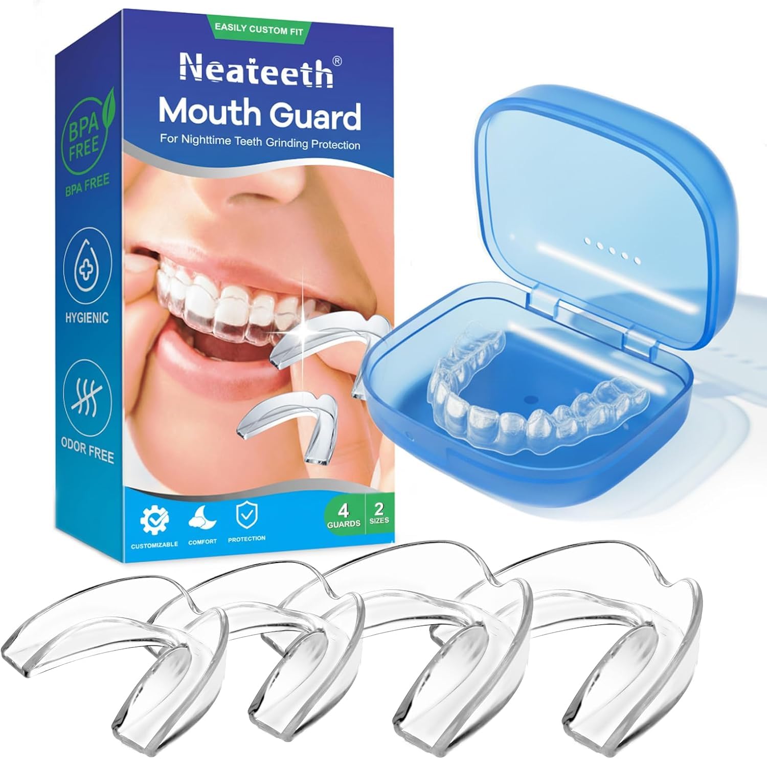 Mouth Guard for Grinding Teeth at Night, Night Guards for Teeth Grinding, Mouthguards for Grinding of Teeth, Night Mouth Guards for Teeth Grinding, Reusable Teeth Grinding Mouth Guard 4 Pack/Two Size