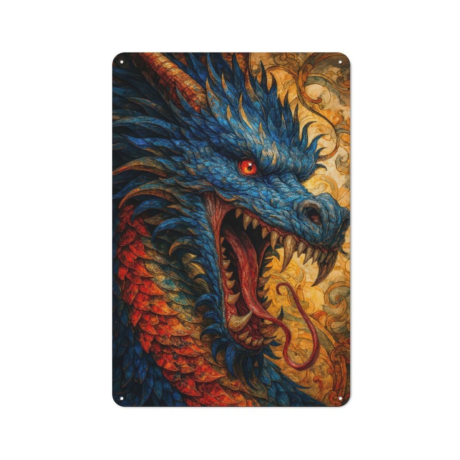 Junmoney Blue And Red Dragon Head Tin Wall Plaque 30X20cm With For Guest Room Or Hallway, For Hallway Wall Decor Fans