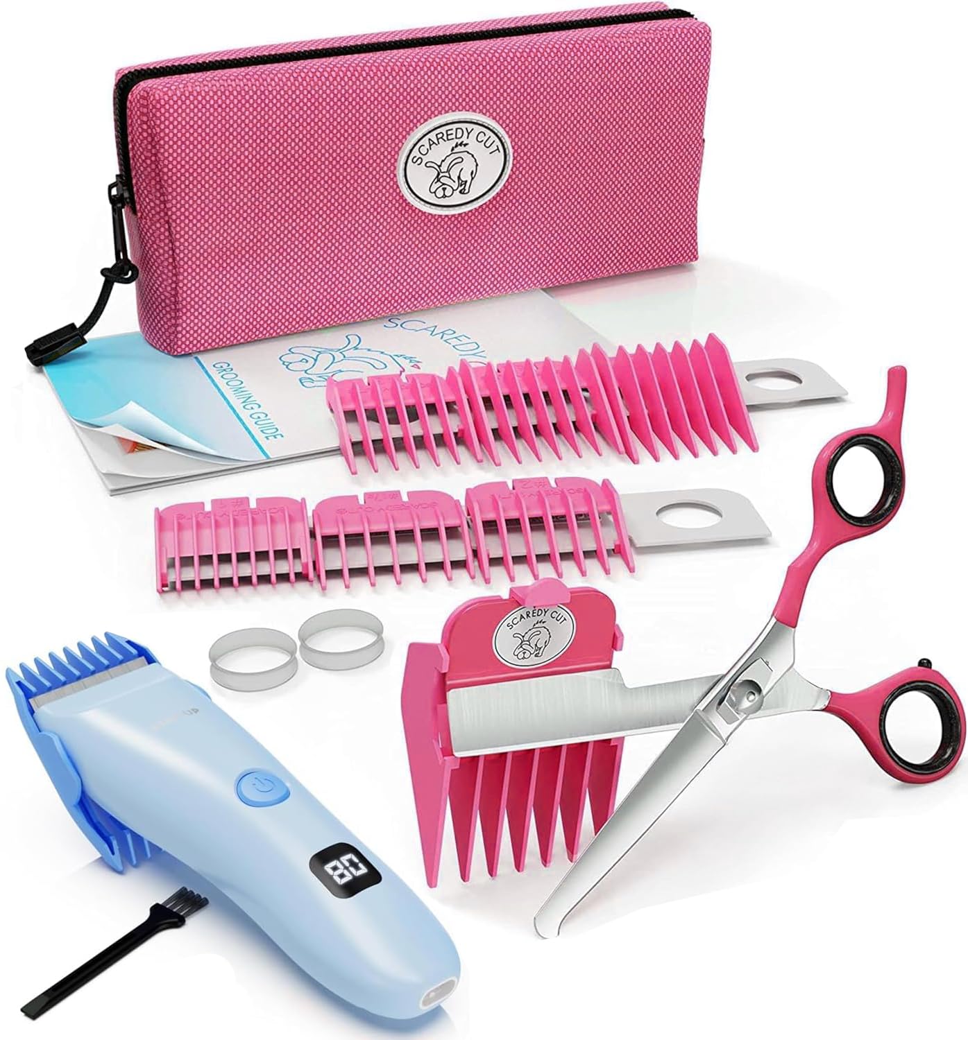 Scaredy Cut Adaptive Grooming System, Quiet Dog Grooming Kit with Scissors &amp; Low-Noise Clipper (Right-Handed Pink)