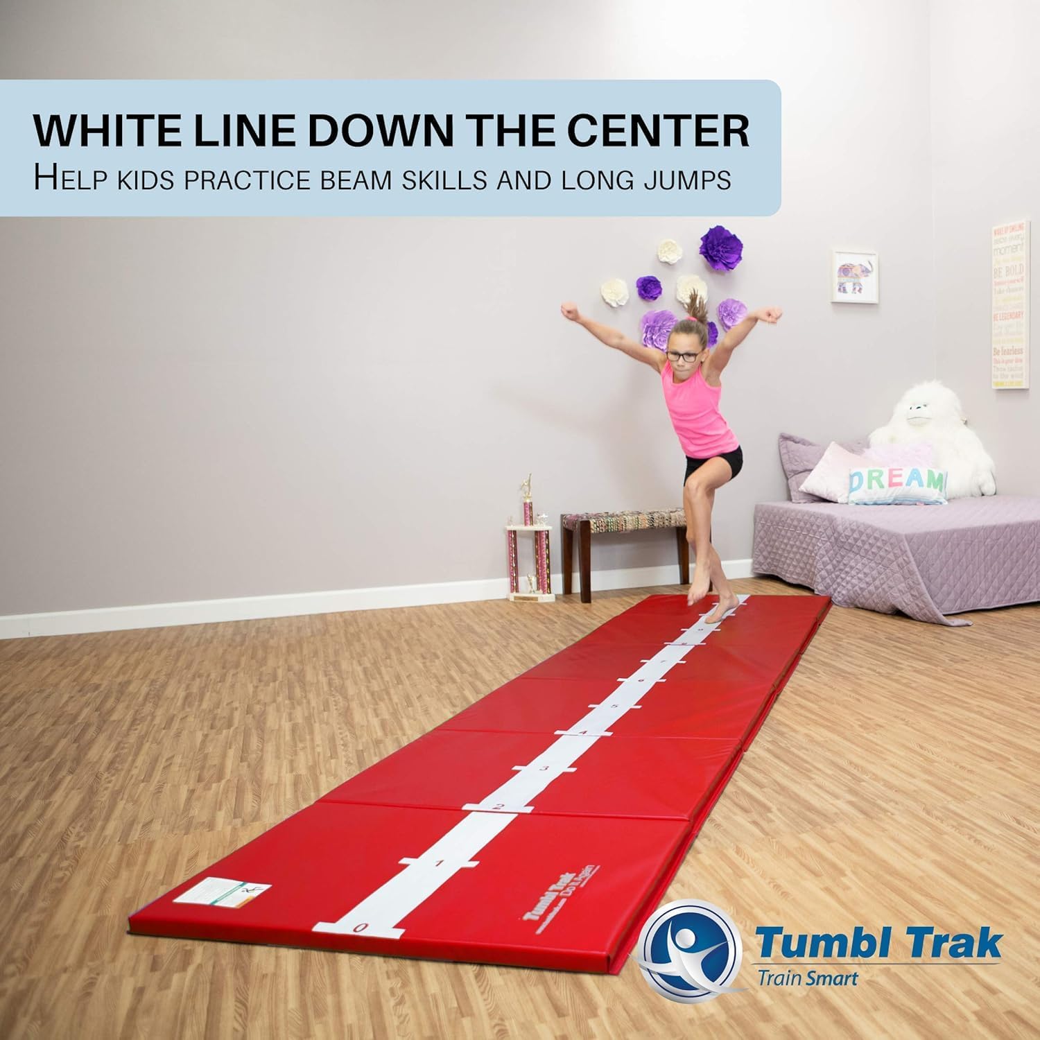 Tumbl Trak Gymnastics Balance Beam Mat, Numbered Line for Gymnast Beam Practice, Hopscotch Fun on Reverse, 3'x12'x1.38