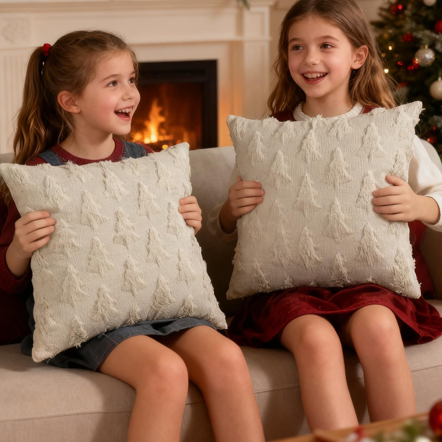 Artmag Christmas Pillow Covers 16 x 16 Inch Set of 2 Beige Christmas Tree Pillow Cases Soft Plush Faux Fur for Winter Holiday Home Coach Sofa Decoration - Image 4