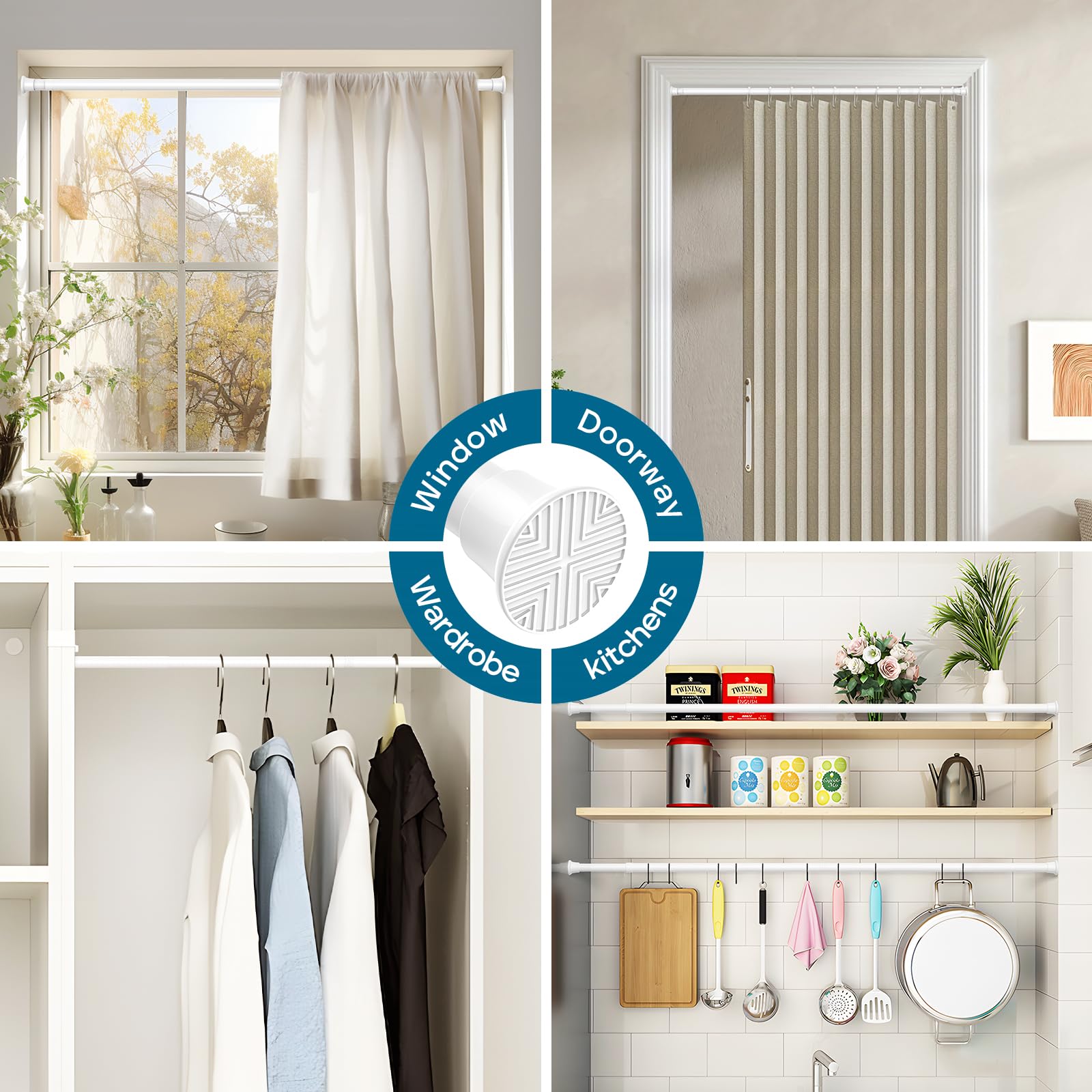 AIZESI Tringles de Rideau à Ressort 61 à 117 cm, 2 pièces, Tringle de Tension Blanche, Tringle de Rideau à Ressort sans Perçage, Tringle de Rideau à Ressort Extensible et Charge de Tension