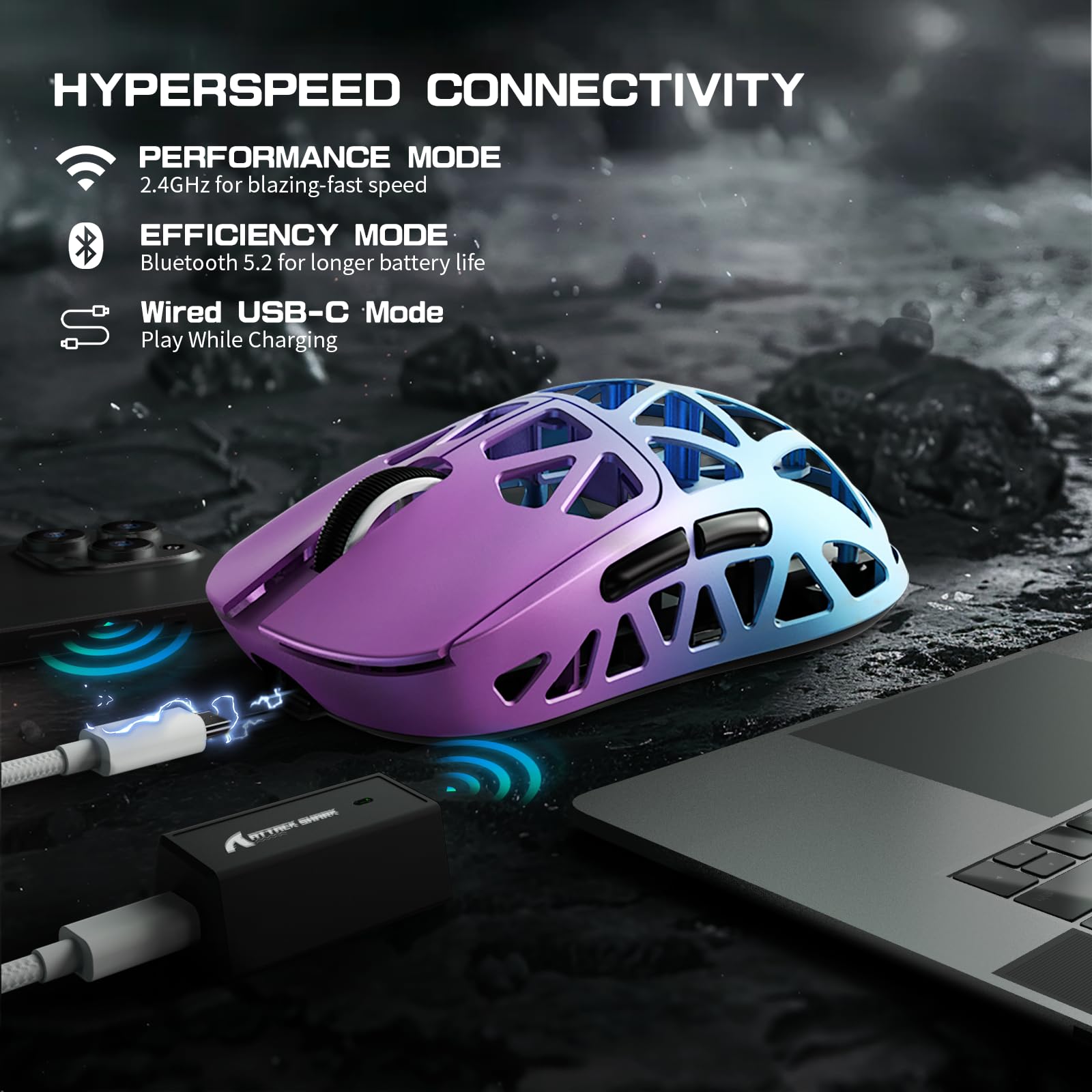 ATTACK SHARK R2PRO 45 g SuperLIGHT mysz do gier ze stopu magnezu, PixArt PAW3950, 42000 DPI, bezprzewodowa 8000 Hz, częstotliwość odpytywania, G502, mysz do gier, 2,4 G/BT/przewodowa, ze spiralnym