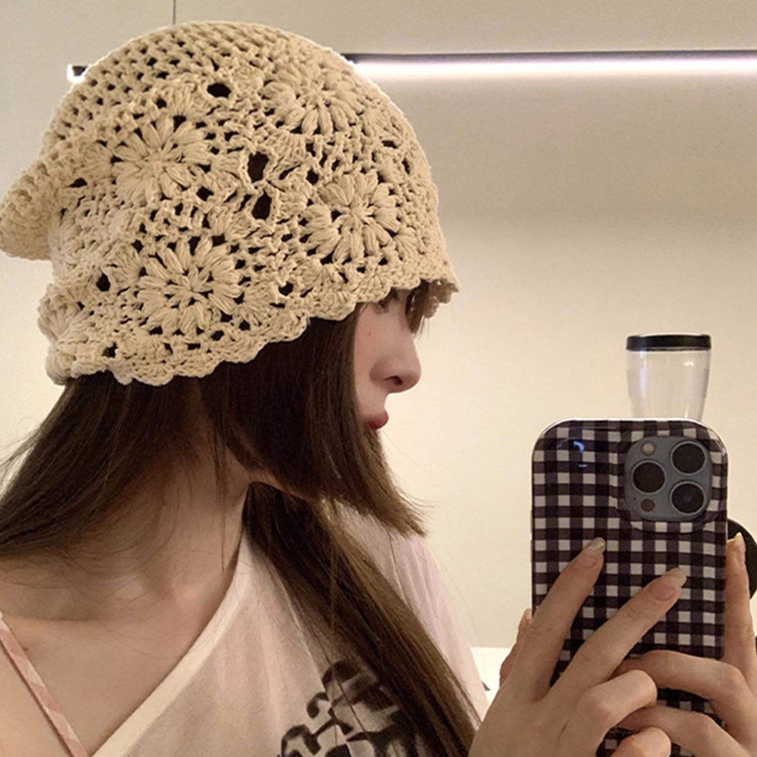 1 gorro de punto de algodón, gorro suelto de verano, gorro de algodón fino, gorro de ganchillo, puntera para mujer, adecuado para diferentes formas de cabeza y formas de cara (beige), beige,