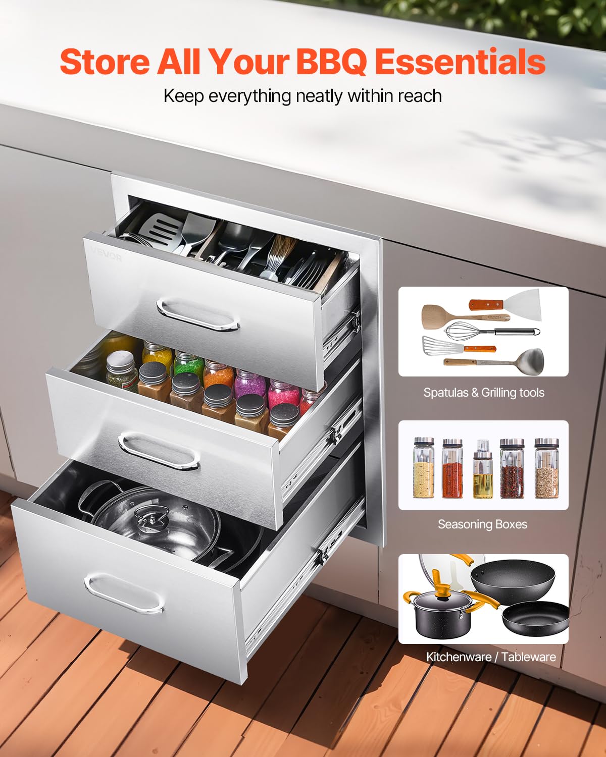 VEVOR Cajones de Cocina para Exterior 46 x 59 x 59 cm, 3 Cajones para Barbacoa de Triple Acceso con Asa de Aleación de Zinc, Cajonera para Cocinas al Aire Libre, Estación de Parrilla para Patio