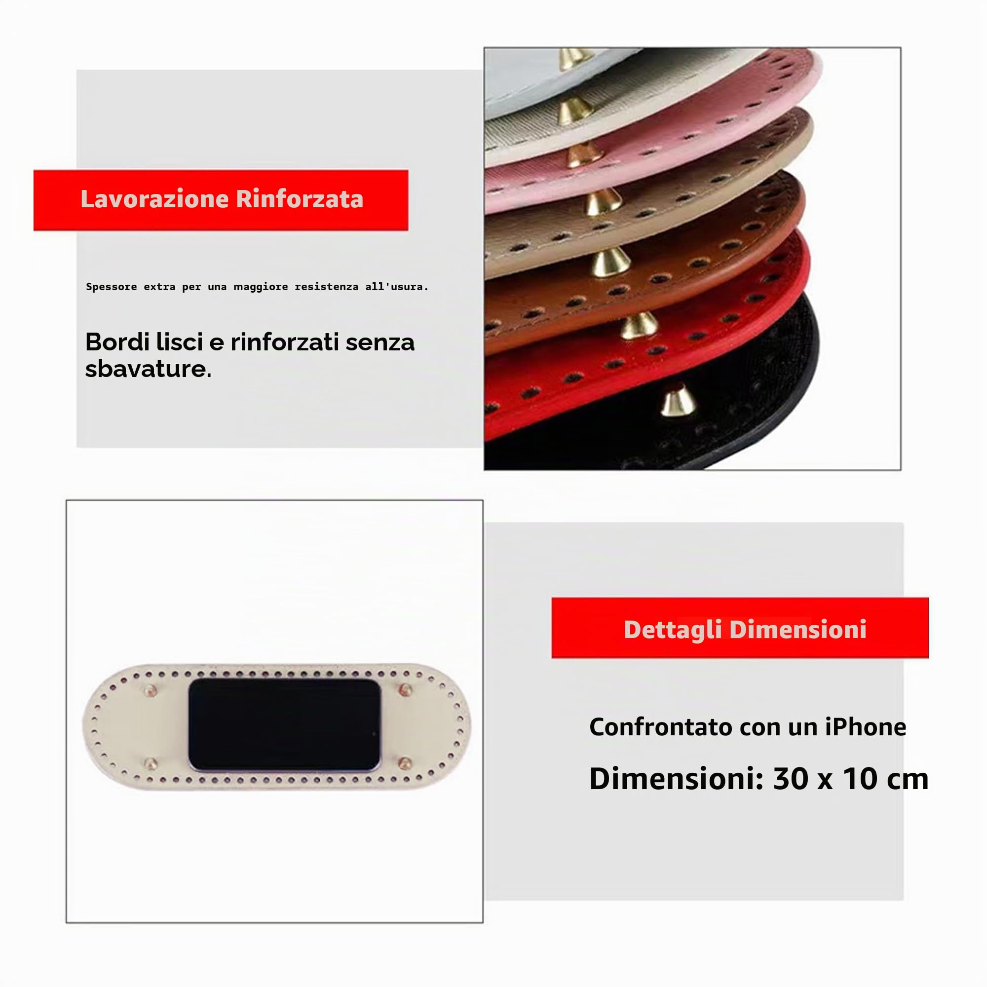4 ripiani tascabili in pelle PU, 30 x 10 cm, ovali per uncinetto e maglia con fori per borse fai da te, marrone, nero, beige, bianco
