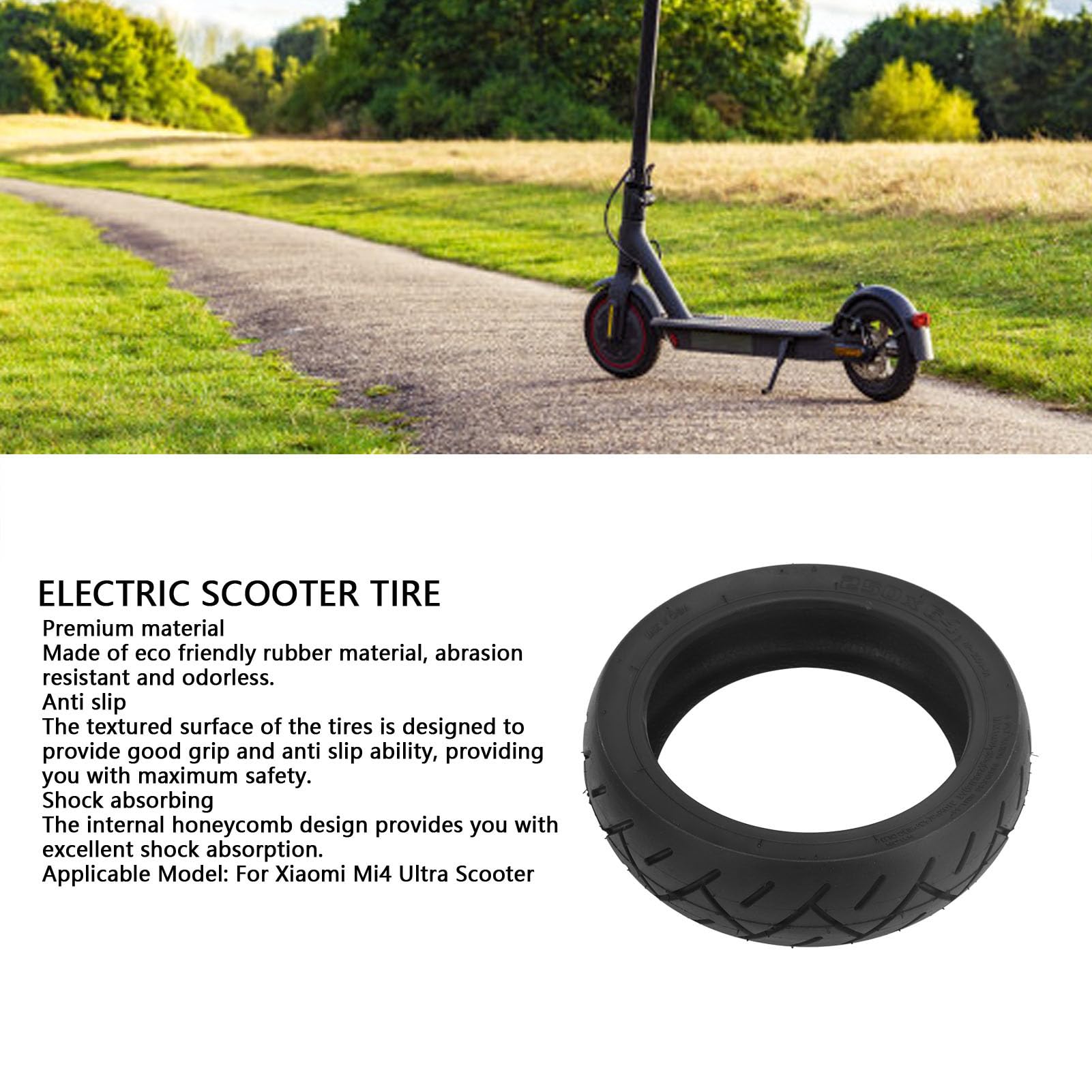 Electric Scooter Tire 250x64 Anti Slip Shock Absorbing Rubber Vacuum with Grooved Texture Compatible for Ultra Scooter