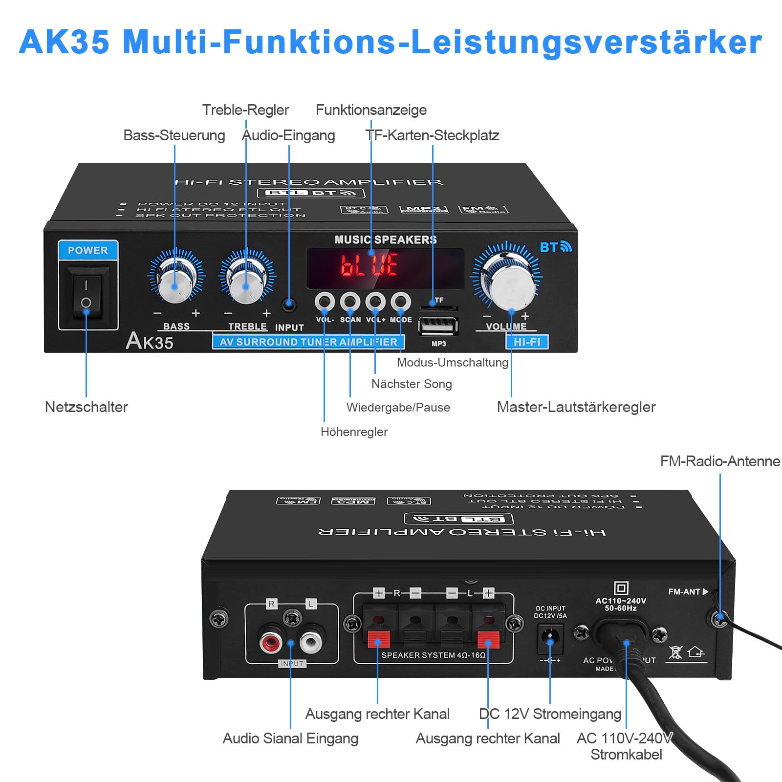 HiFi Stereo Audioverstärker AK35 Bluetooth 5.0 Digital Mini-Verstärker RMS 2.0-Kanal 30W x 2 HiFi-Leistungsverstärker mit Bass & Treble Tuner für Heim-Lautsprecher