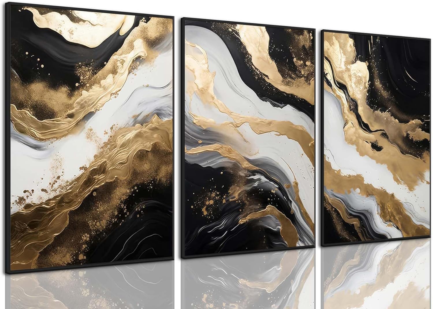 ZQARTZZQ Framed Abstract Wall Art Black and Gold Canvas Black Marble Pictures Decor Modern Gold Foil Artwork Prints White Grey Painting Set of 3 for Living Room Bedroom Office Bathroom 16x24 Black and Gold Marble 16x24in Black Framed