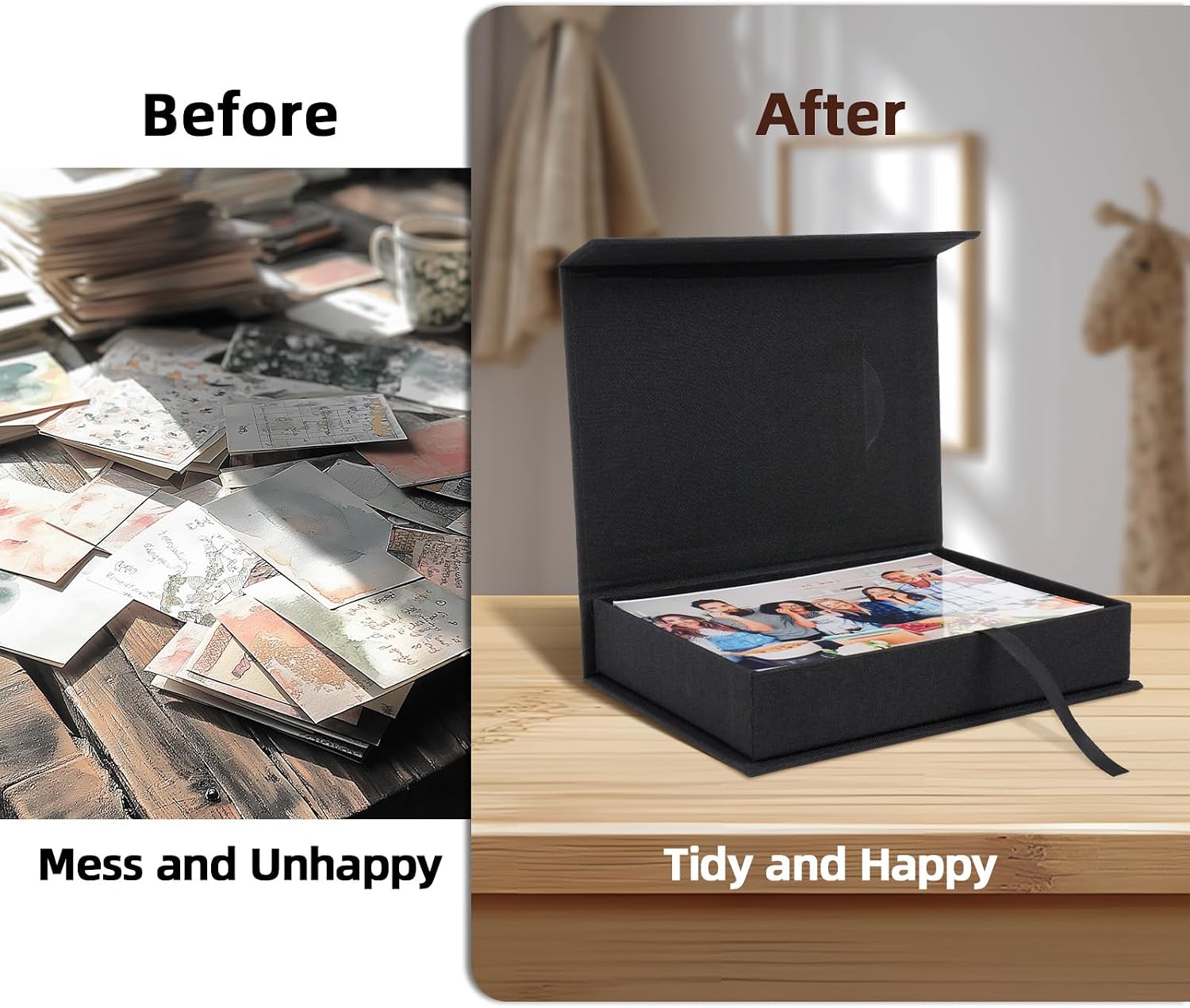 Linen Photo Storage Box, 5 x 7 Inch Memory Keepsake Organizer with Transparent Window, Stylish Photo Box for Storing Pictures, Keepsakes, Postcards, Scrapbooking Supplies, Black