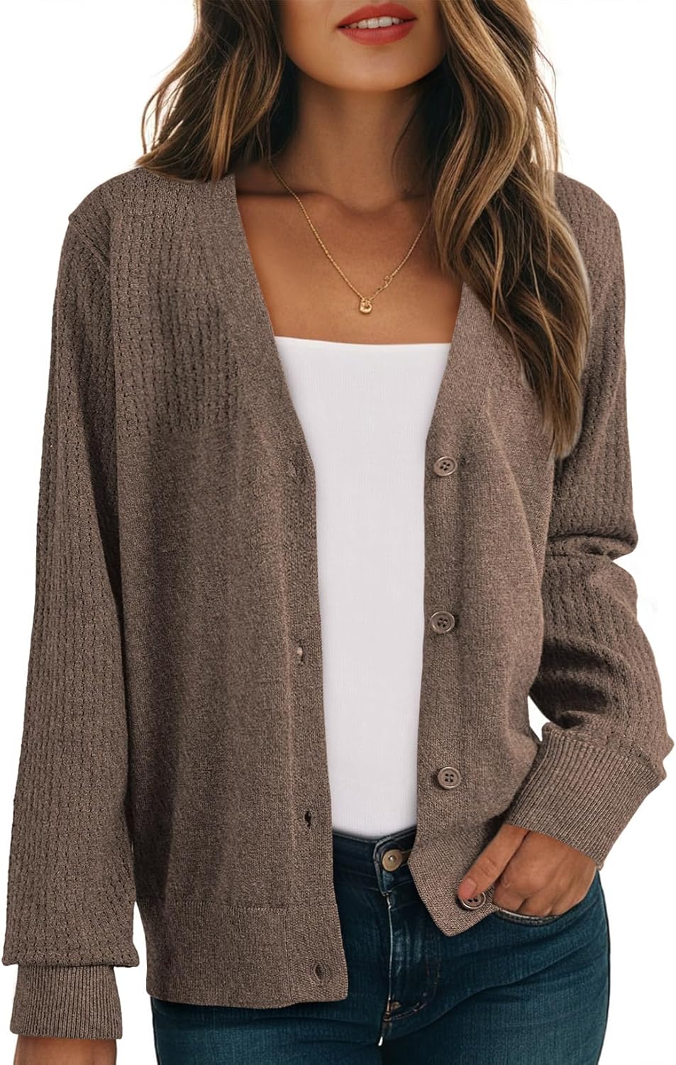 Dokotoo Womens Cardigan Wool Blend Long Sleeve Button Down Sweaters for Women Casual Hollow Out Knit Tops