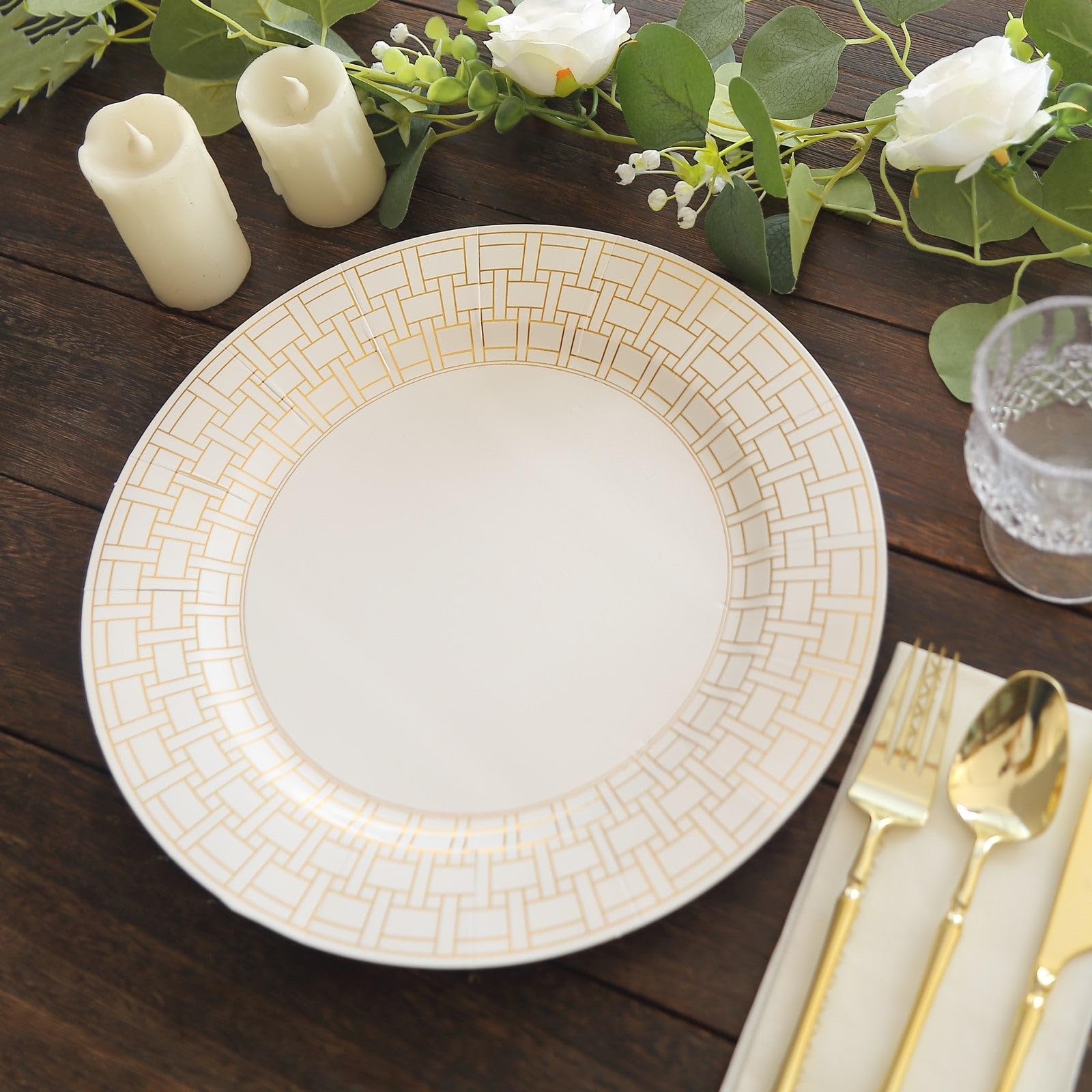 10 White Disposable Paper Charger Plates Gold Basketweave Design Rim Party Events Reception Home Tableware Decorations