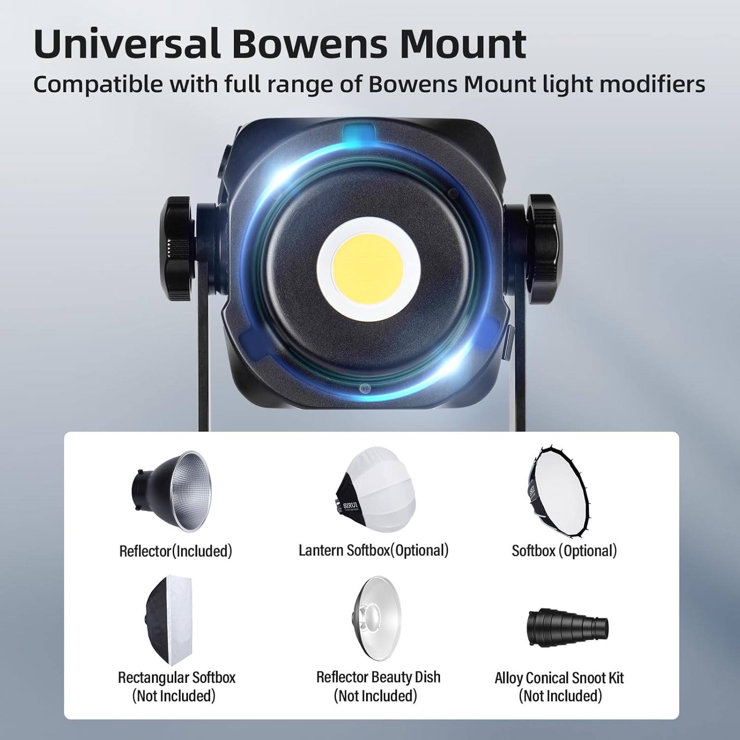 SIRUI C300 LED light with Universal Bowens Mount and examples of compatible light modifiers.