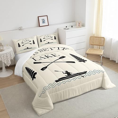 Miniatura 4 de Juego de ropa de cama para niños, juego de edredón de lancha con remos de granja, casa de lago, edredón rústico retro, ropa de cama de barco de