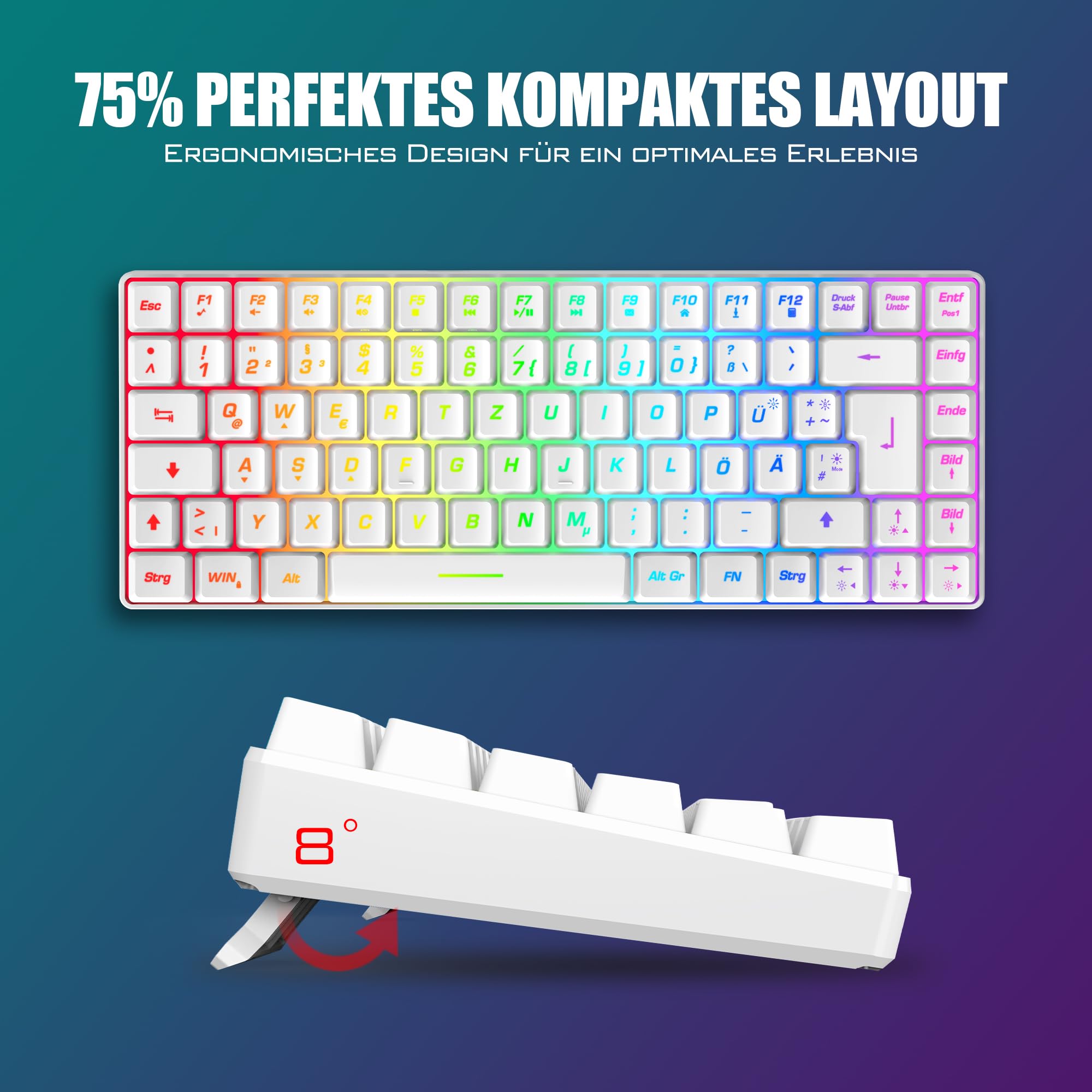 RedThunder 75% Teclado Inalámbrico Gaming,Retroiluminación RGB,Ratón Celular Ligero de 3200 dpi,Teclado Ultra-Compacto 85 Teclas Anti-ghosting,Disposición DE,para PC/PS5/Xbox(Blanco)
