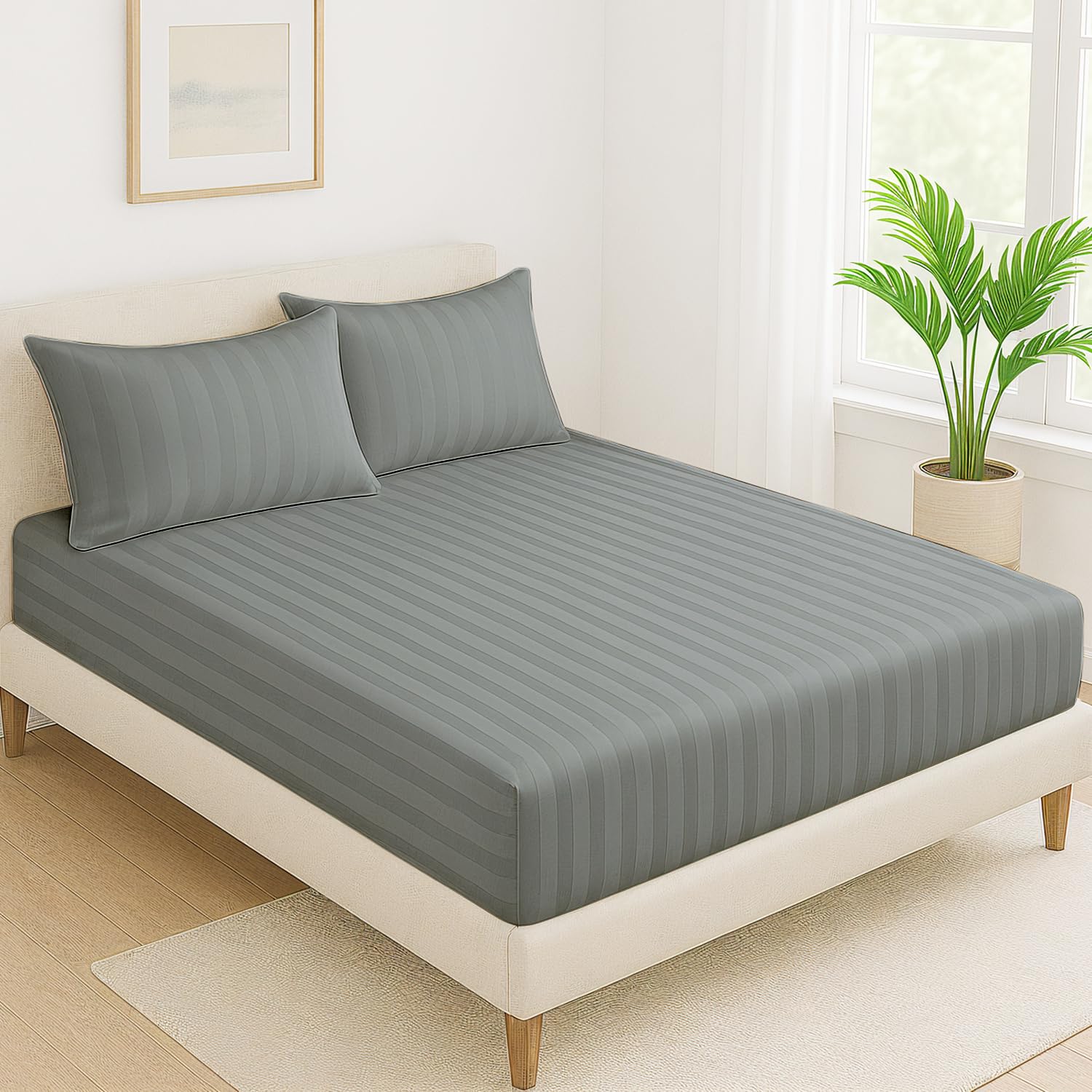 Cloth Fusion 130 TC Elastic Fitted Glace Cotton Satin Striped Bedsheet King Size with 2 Pillow Covers (78X72 Inches, Dark Grey)