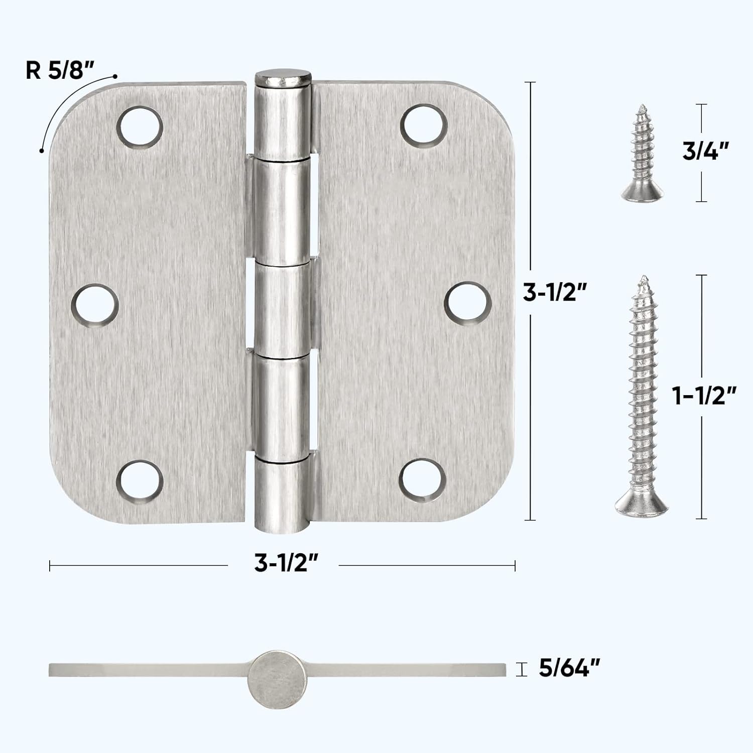 ticonn 48-pack 3.5 inch door hinges with 5/8" radius corner, 3-1/2 x 3-1/2 inch iron bifold residential doors hardware (5/8" radius corner, satin nickel, 48 pack) 48 pack 5/8" radius satin nickel