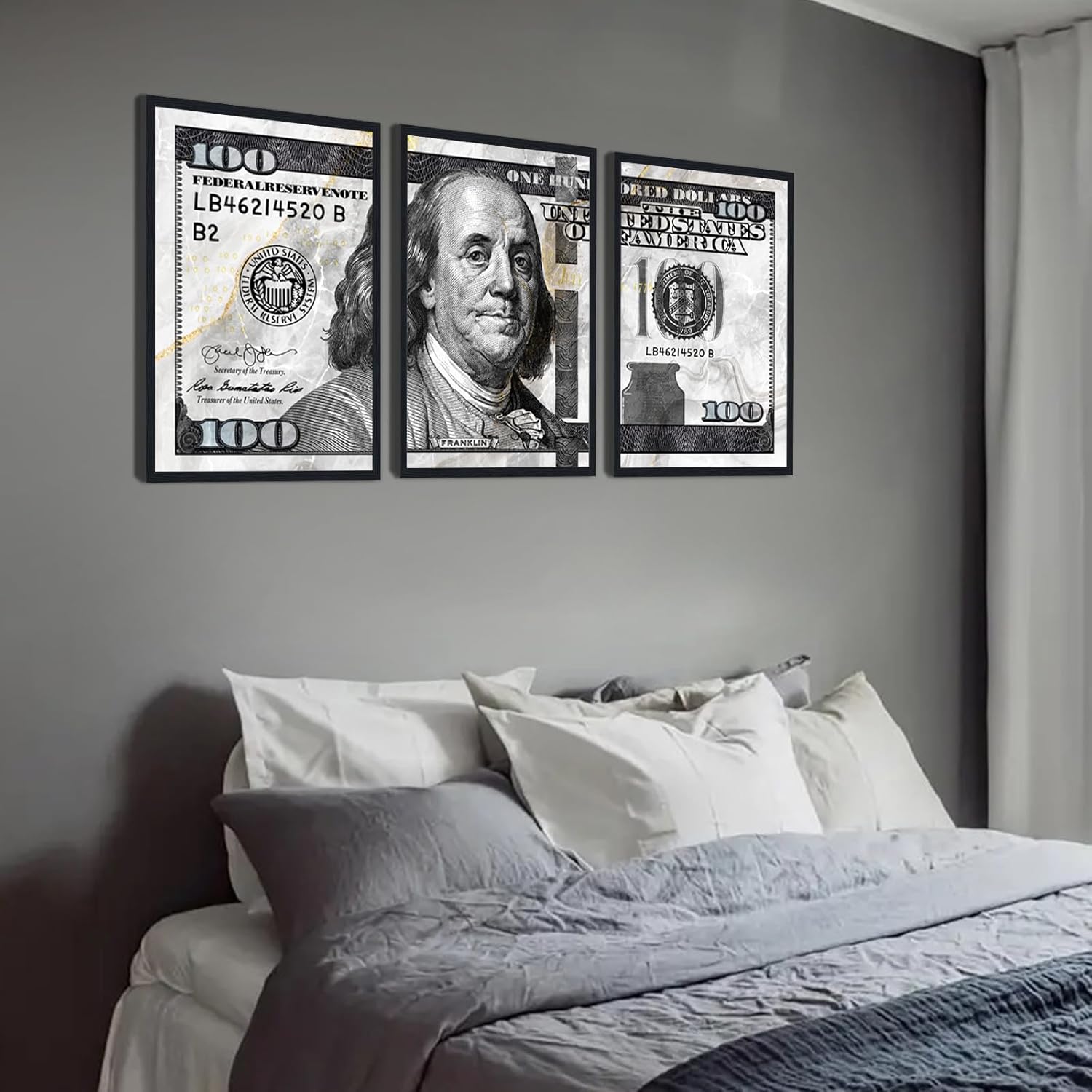 Black and White Canvas Wall Art Benjamin Franklin 100 Dollar Money Painting 3 Panels for Home Decor Living Room Office Hallway, Waterproof Indoor Use, Black Framed 16x24inchx3Pcs