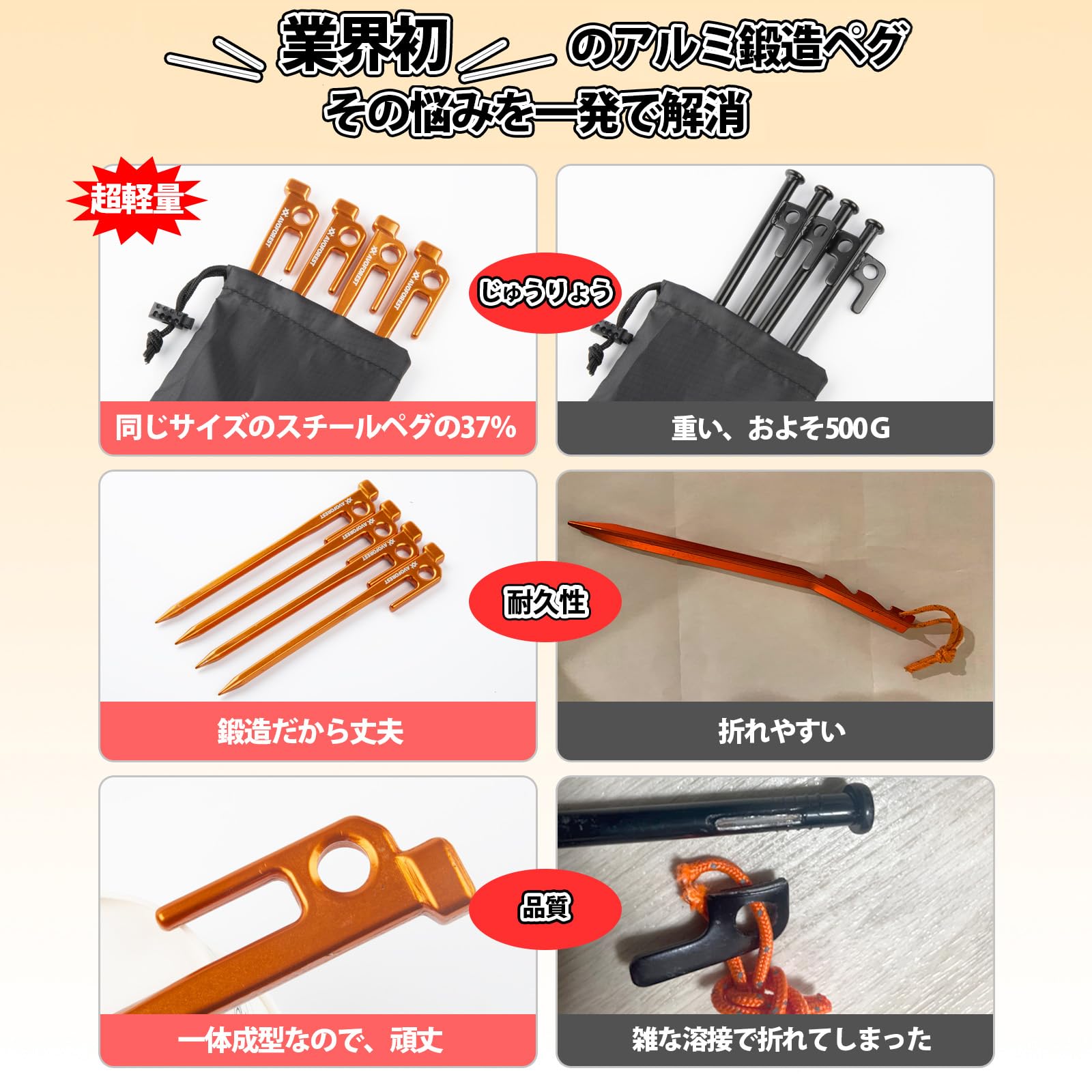 AVOFOREST 鍛造ペグ アルミ製 キャンプペグ テントペグ タープ用