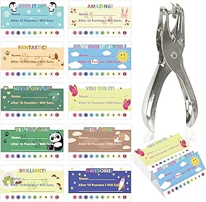 UCEC 200pcs Punch Cards With Hole Puncher - Reward Incentive Cards For Classroom, Business, Kids Behavior
