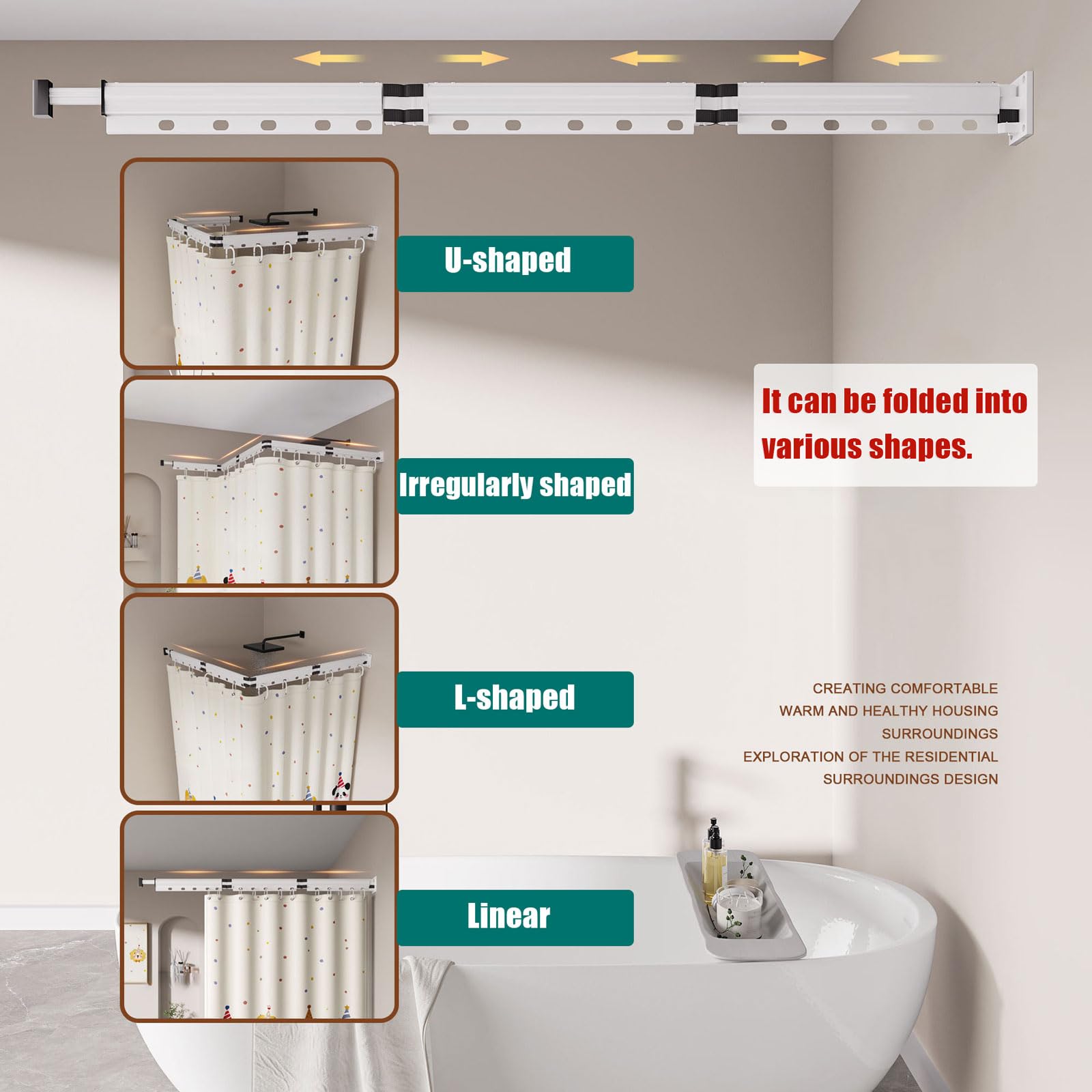 Rideau de douche pliable, sans perçage, séparateur imperméable pour zones humides et sèches, solution d'intimité facile à installer, design télescopique réglable.