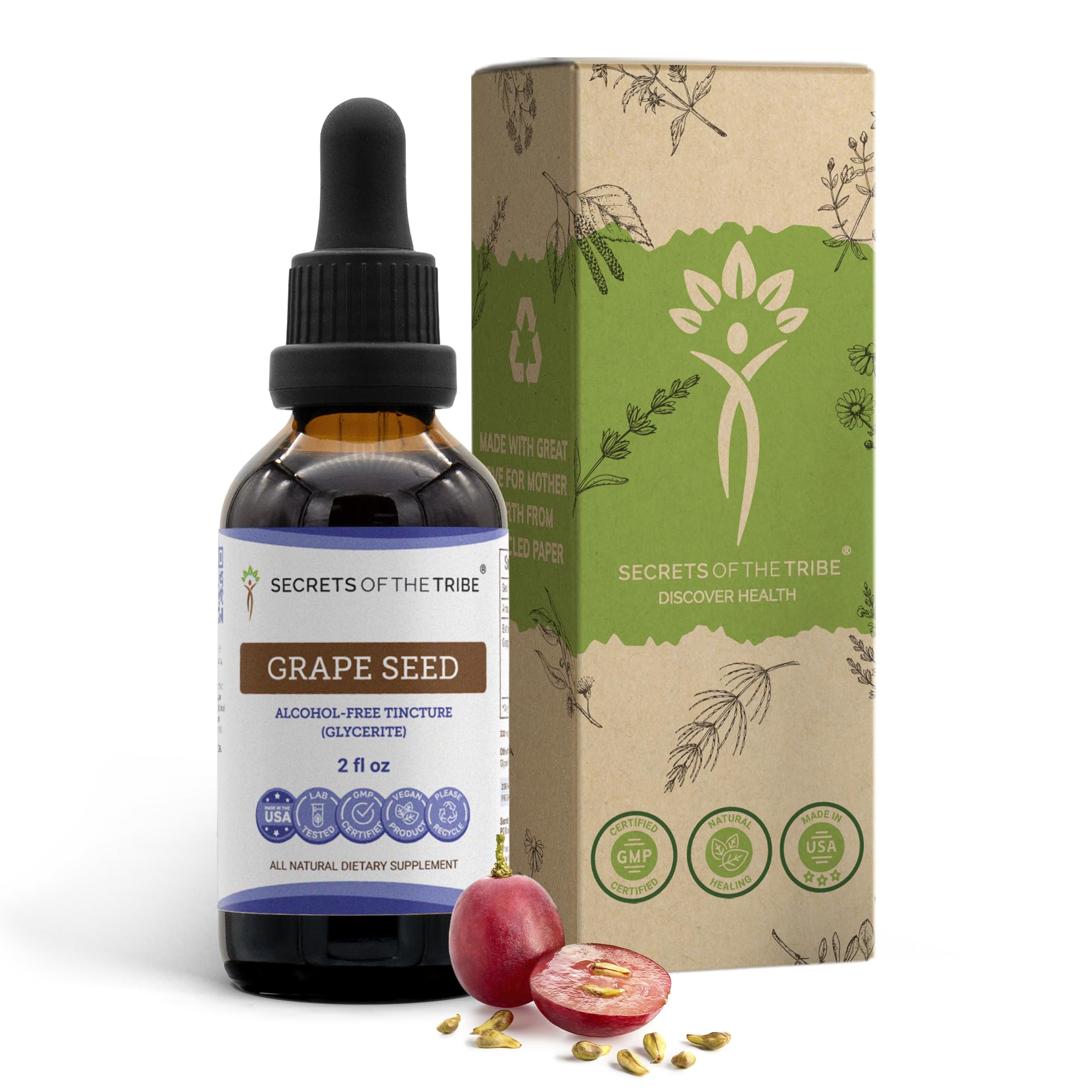 Secrets of the Tribe Grape Seed Tincture Alcohol-Free Liquid Extract, Organic Grape (Vitis Vinifera) Dried Seed (2 FL OZ)