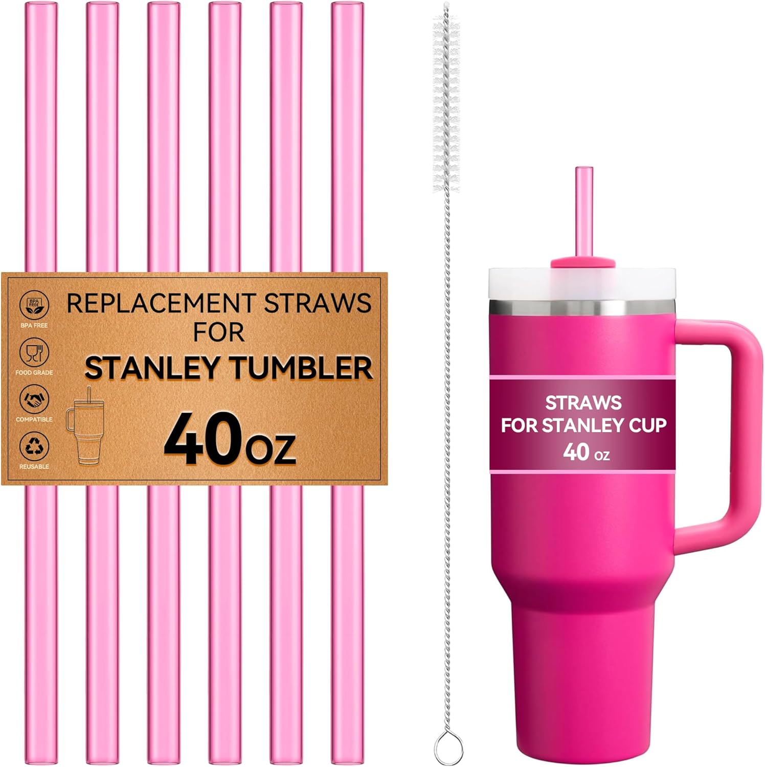 Pink Straw Straws for Stanley, 12 Inch Extra Long Straw for 40 oz 30 oz Tumbler Straw Replacement Reusable, BPA Free Also Fit Simple Modern, Owala 40oz / 30oz Tumblers and Big Size Cups(Purplish Pink)